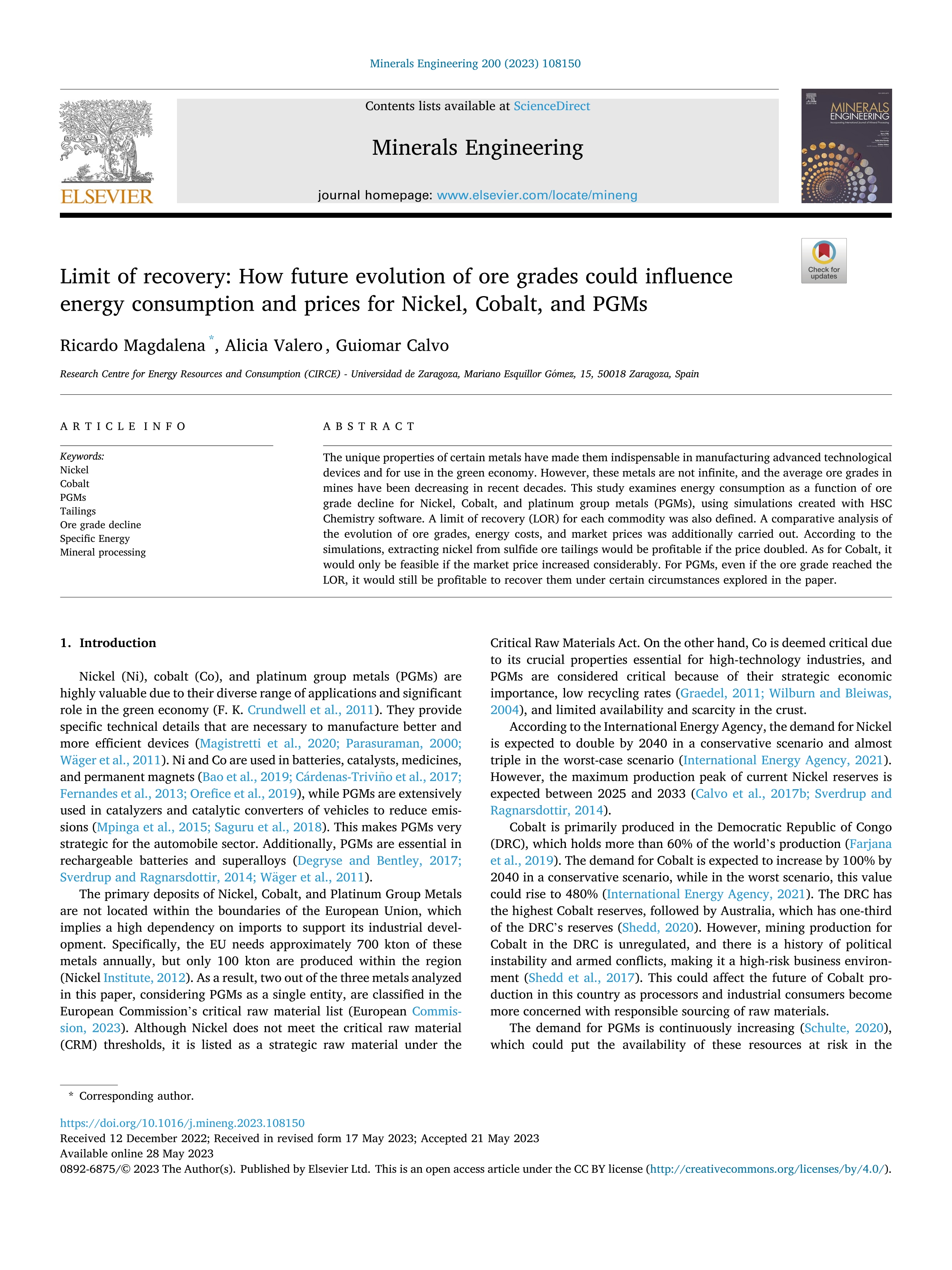 Limit of recovery: How future evolution of ore grades could influence energy consumption and prices for Nickel, Cobalt, and PGMs