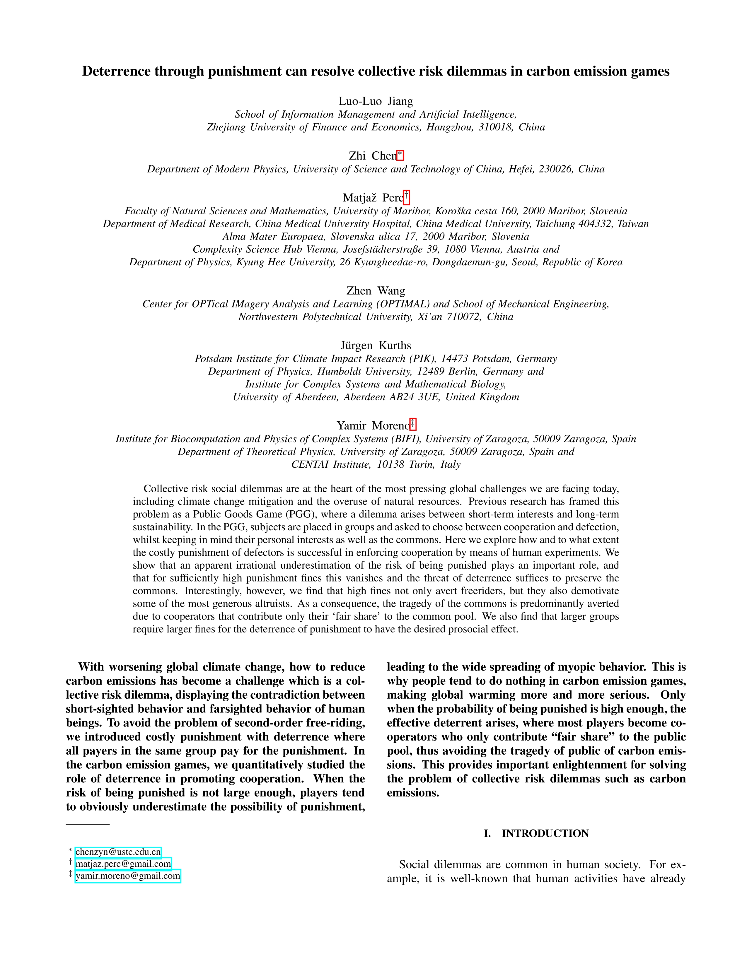 Deterrence through punishment can resolve collective risk dilemmas in carbon emission games