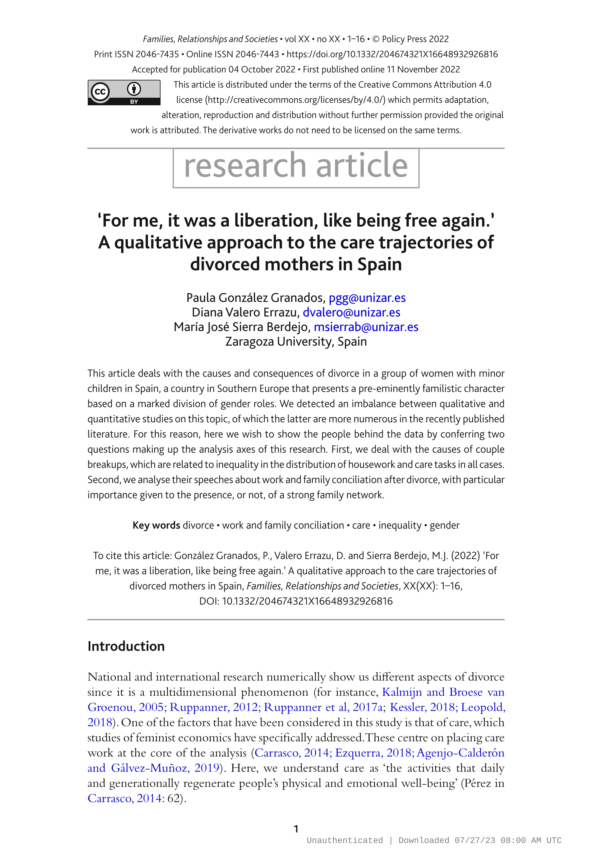 For me, it was a liberation, like being free again. A qualitative approach to the care trajectories of divorced mothers in Spain