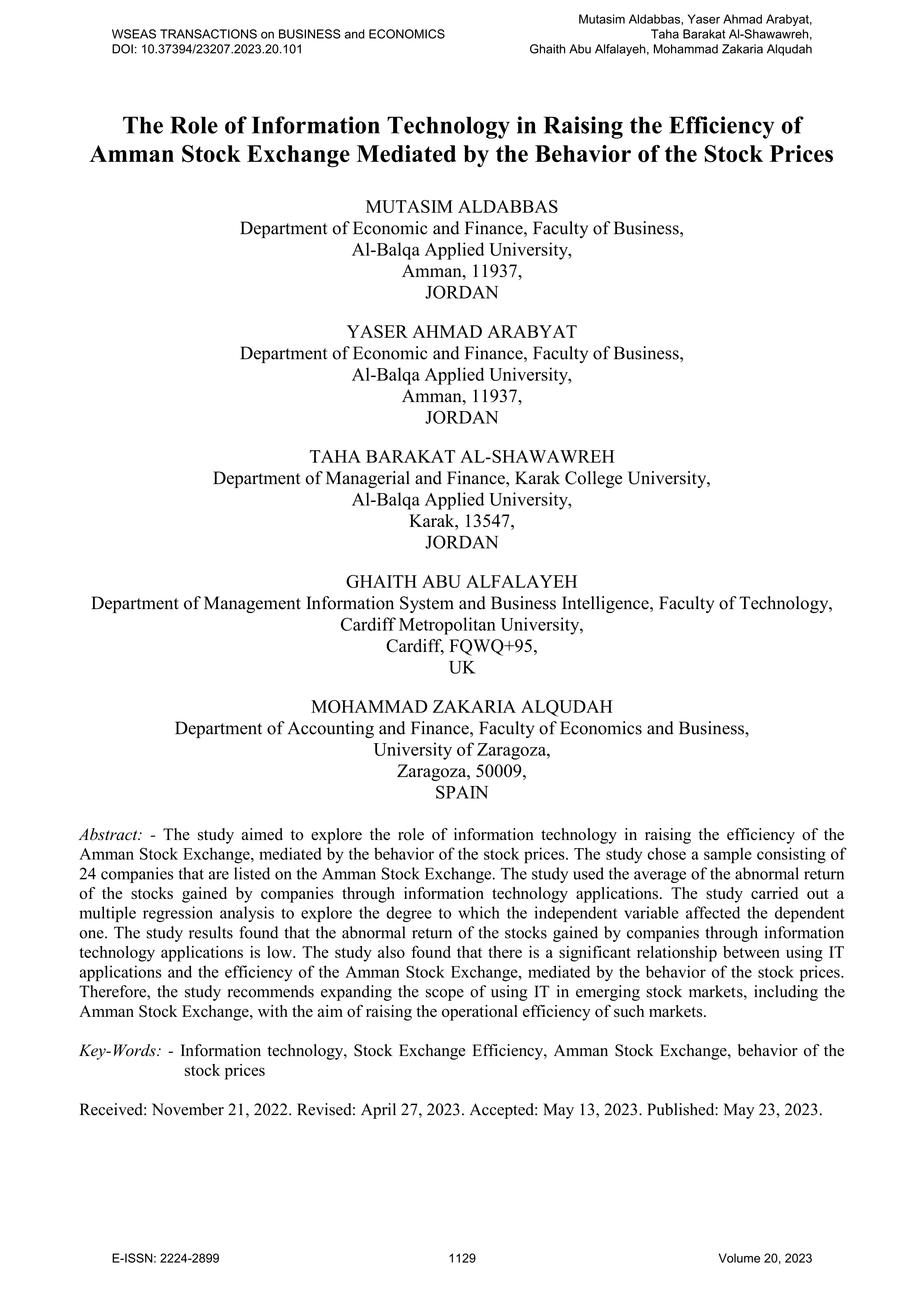 The role of information technology in raising the efficiency of Amman stock exchange mediated by the behavior of the stock prices