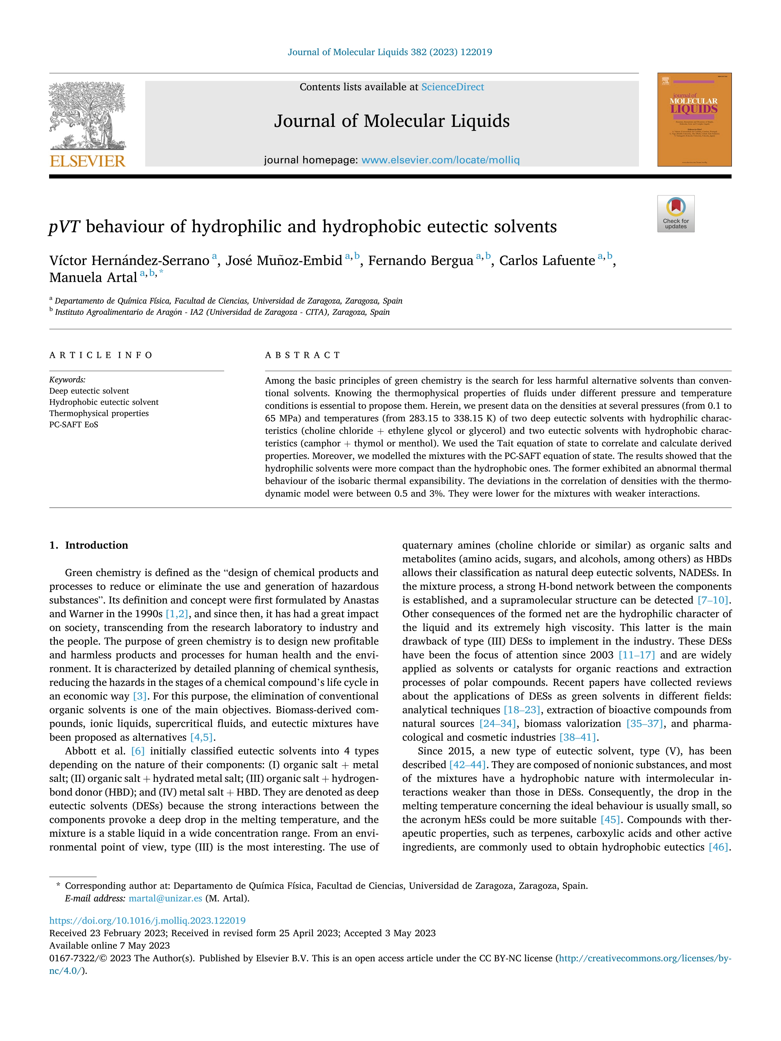 pVT behaviour of hydrophilic and hydrophobic eutectic solvents