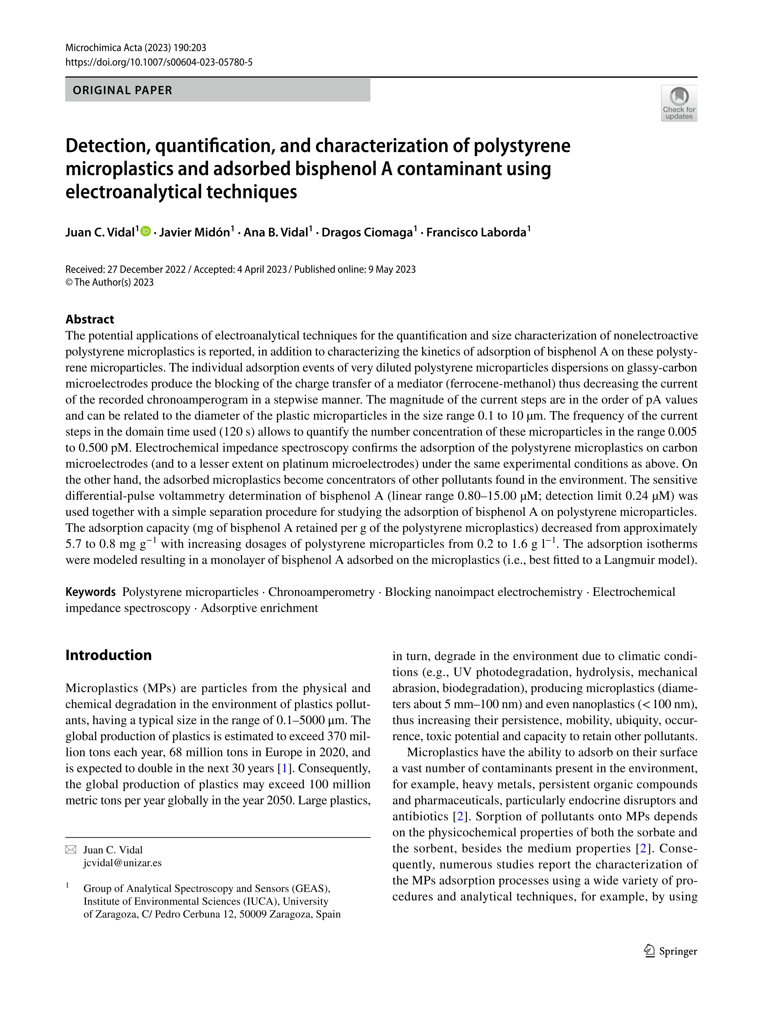 Detection, quantification, and characterization of polystyrene microplastics and adsorbed bisphenol A contaminant using electroanalytical techniques
