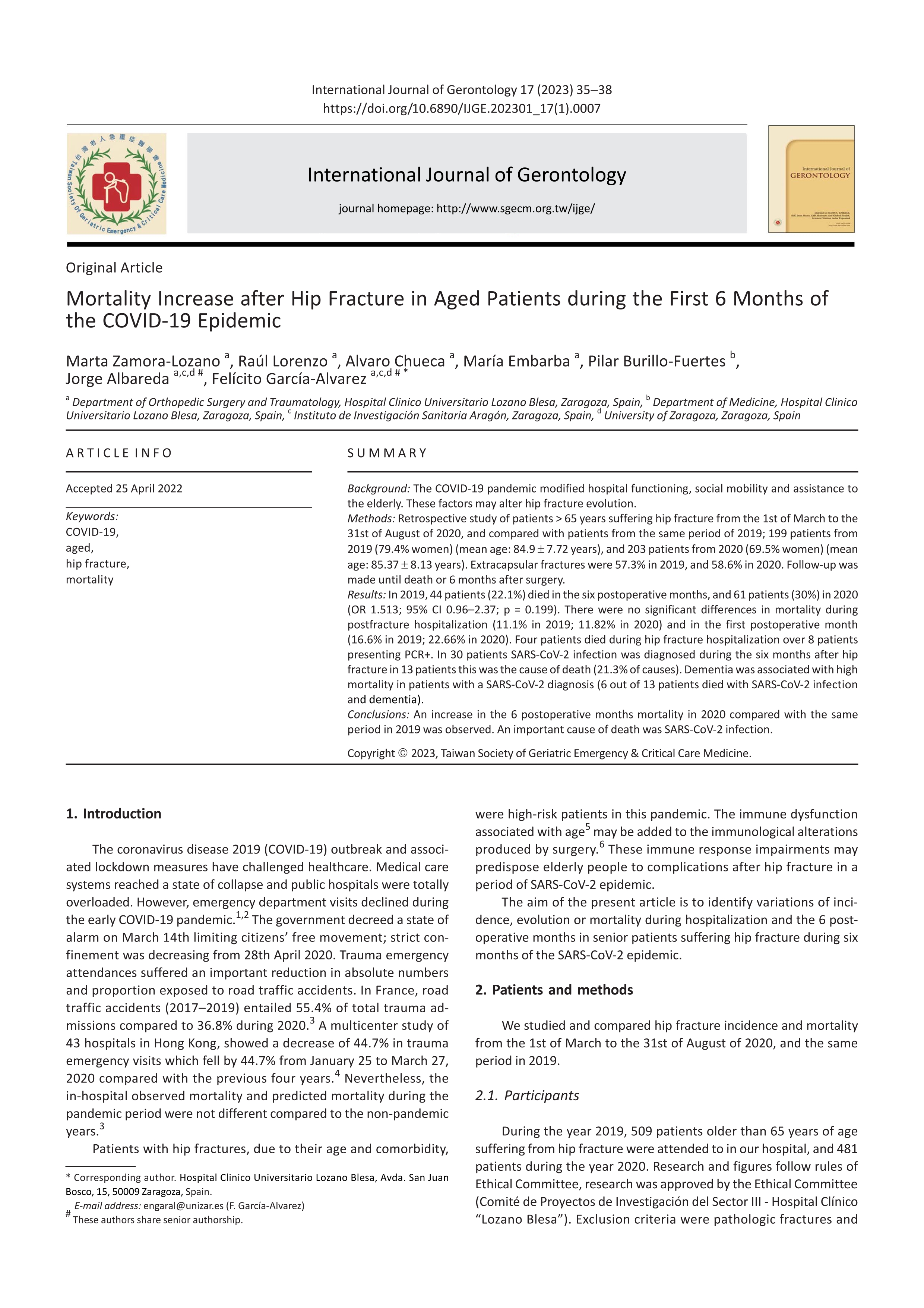 Mortality increase after hip fracture in aged patients during the first 6 months of the covid-19 epidemic
