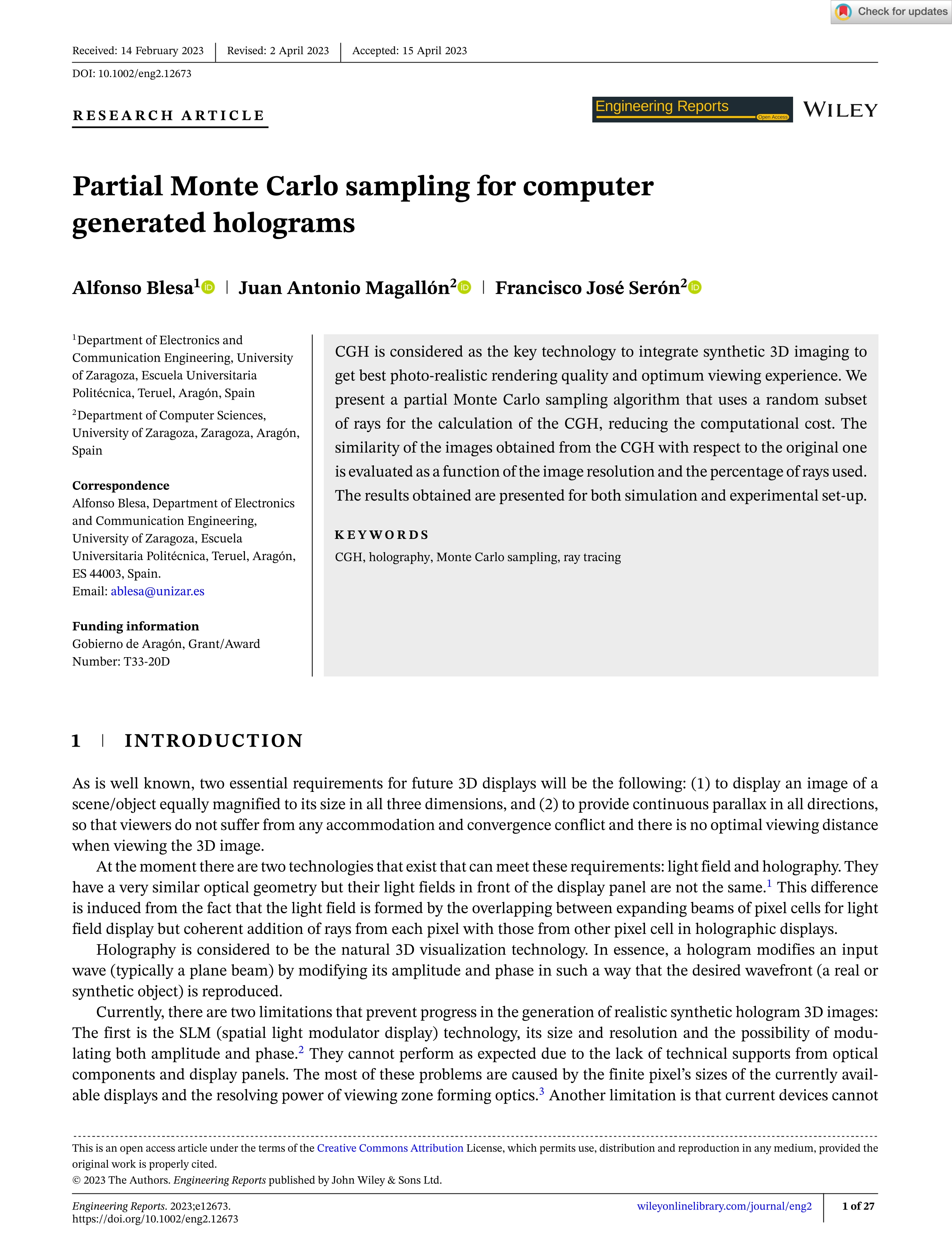 Partial Monte Carlo sampling for computer generated holograms