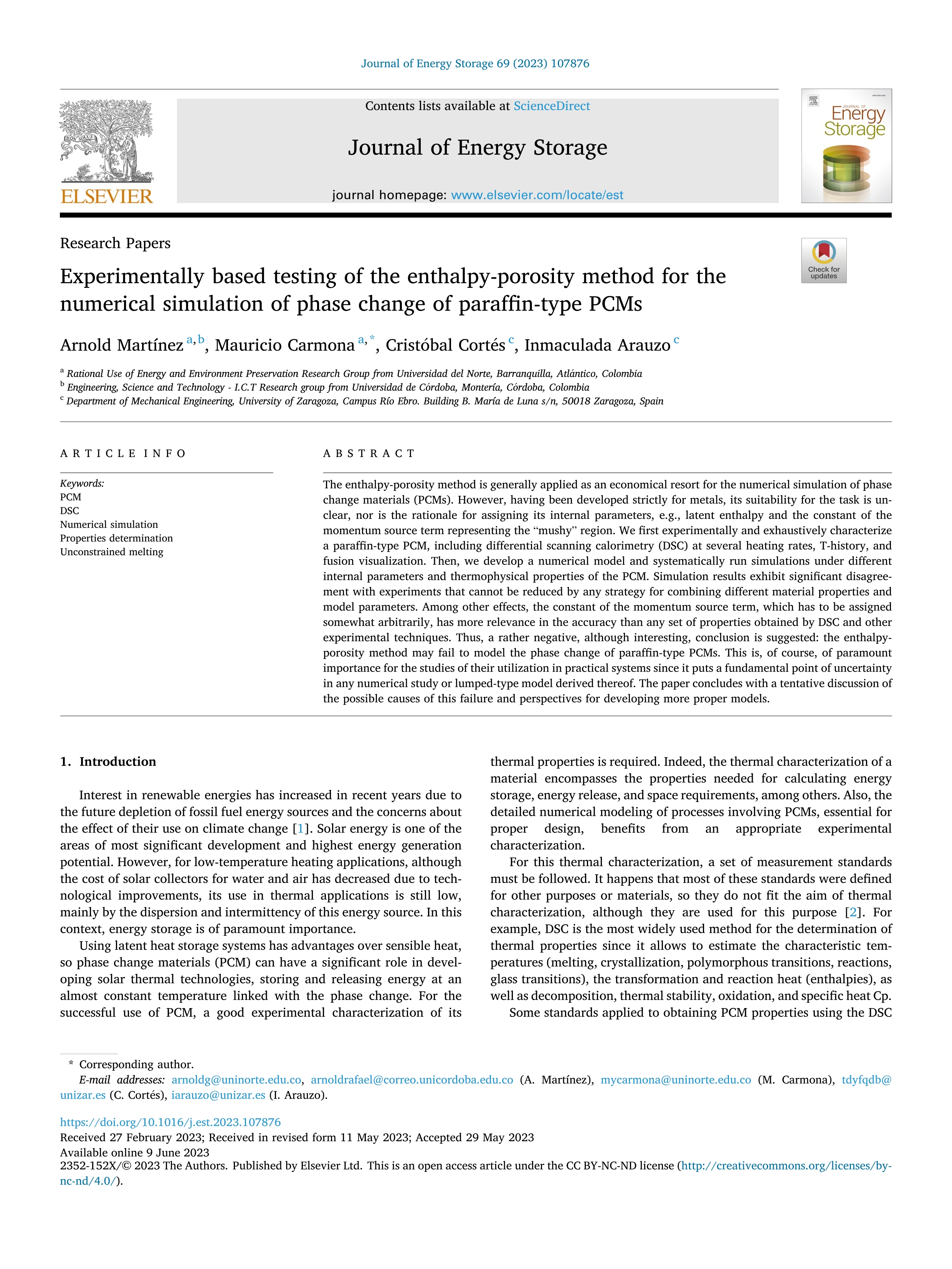 Experimentally based testing of the enthalpy-porosity method for the numerical simulation of phase change of paraffin-type PCMs