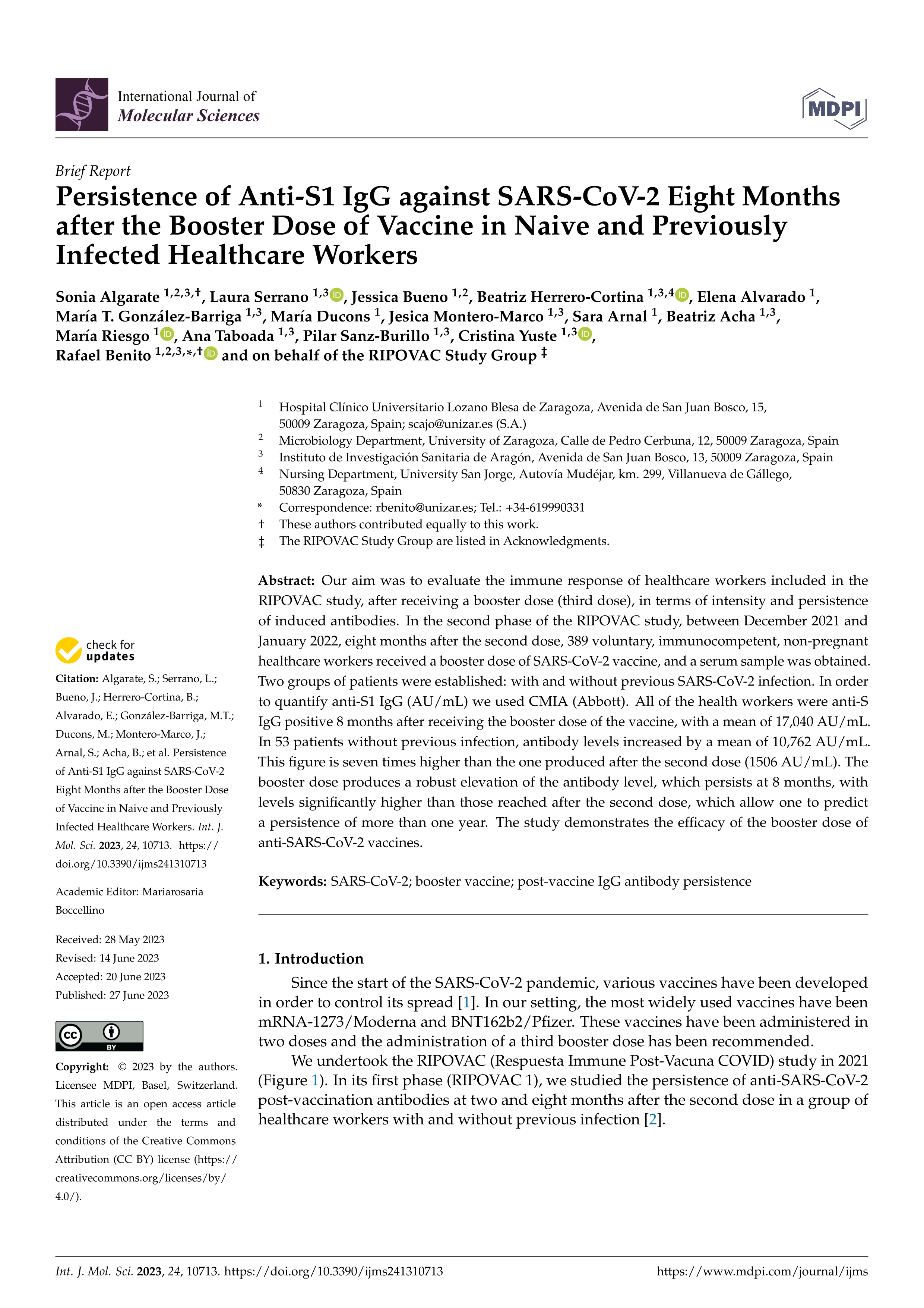 Persistence of Anti-S1 IgG against SARS-CoV-2 eight months after the Booster dose of Vaccine in naive and previously infected healthcare workers