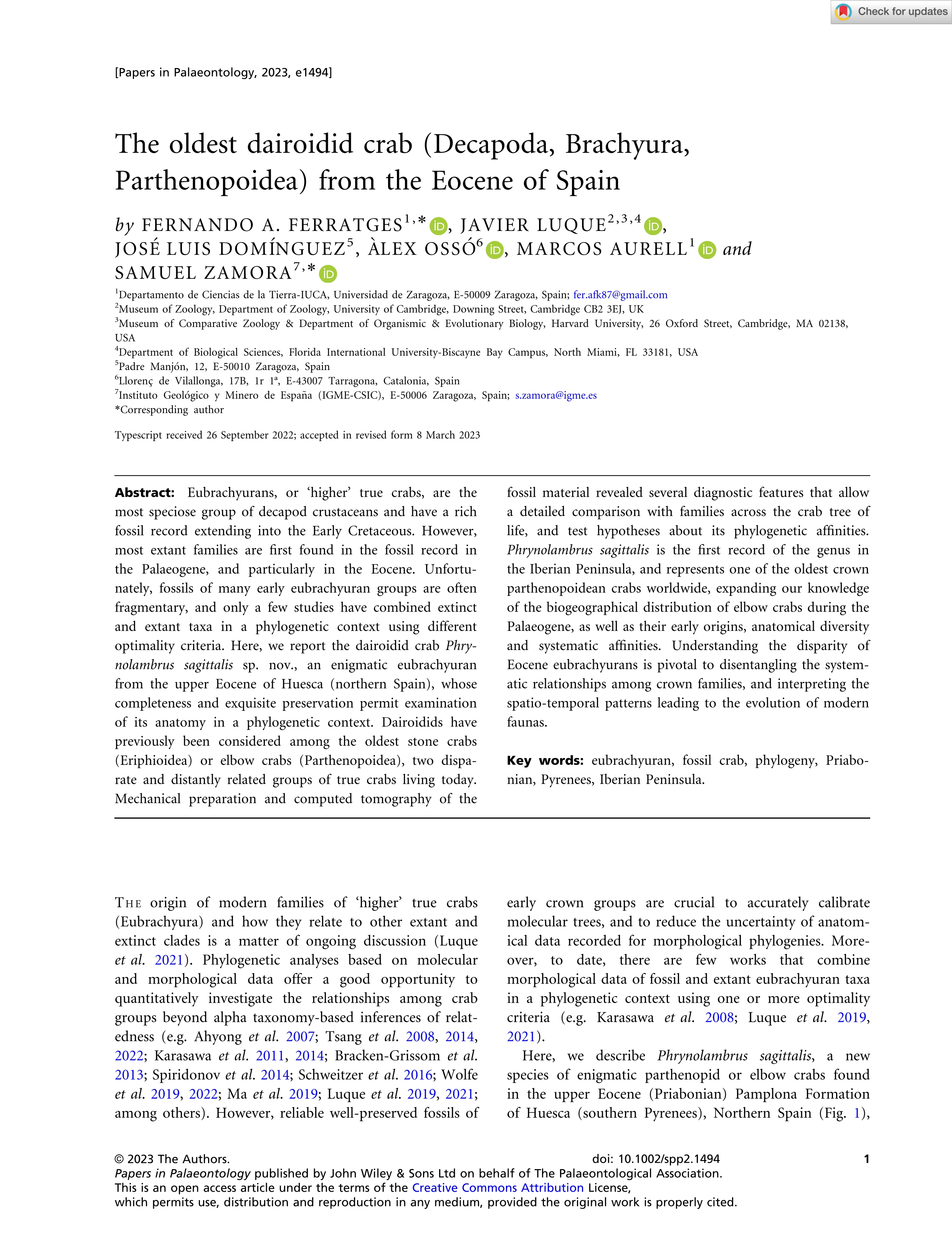 The oldest dairoidid crab (Decapoda, Brachyura, Parthenopoidea) from the Eocene of Spain