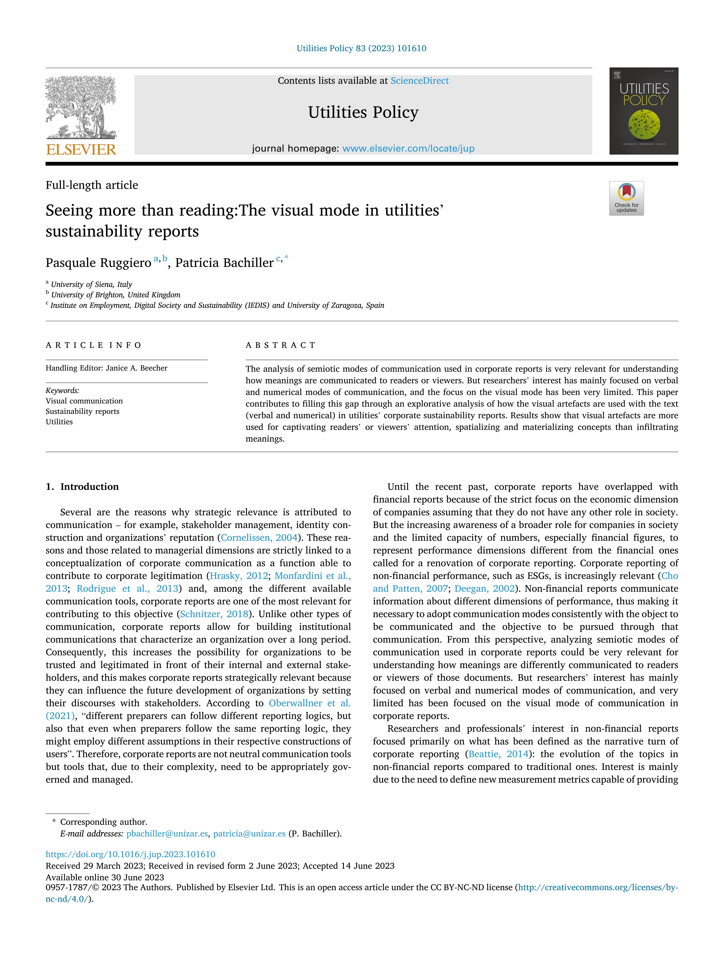 Seeing more than reading: the visual mode in utilities' sustainability reports