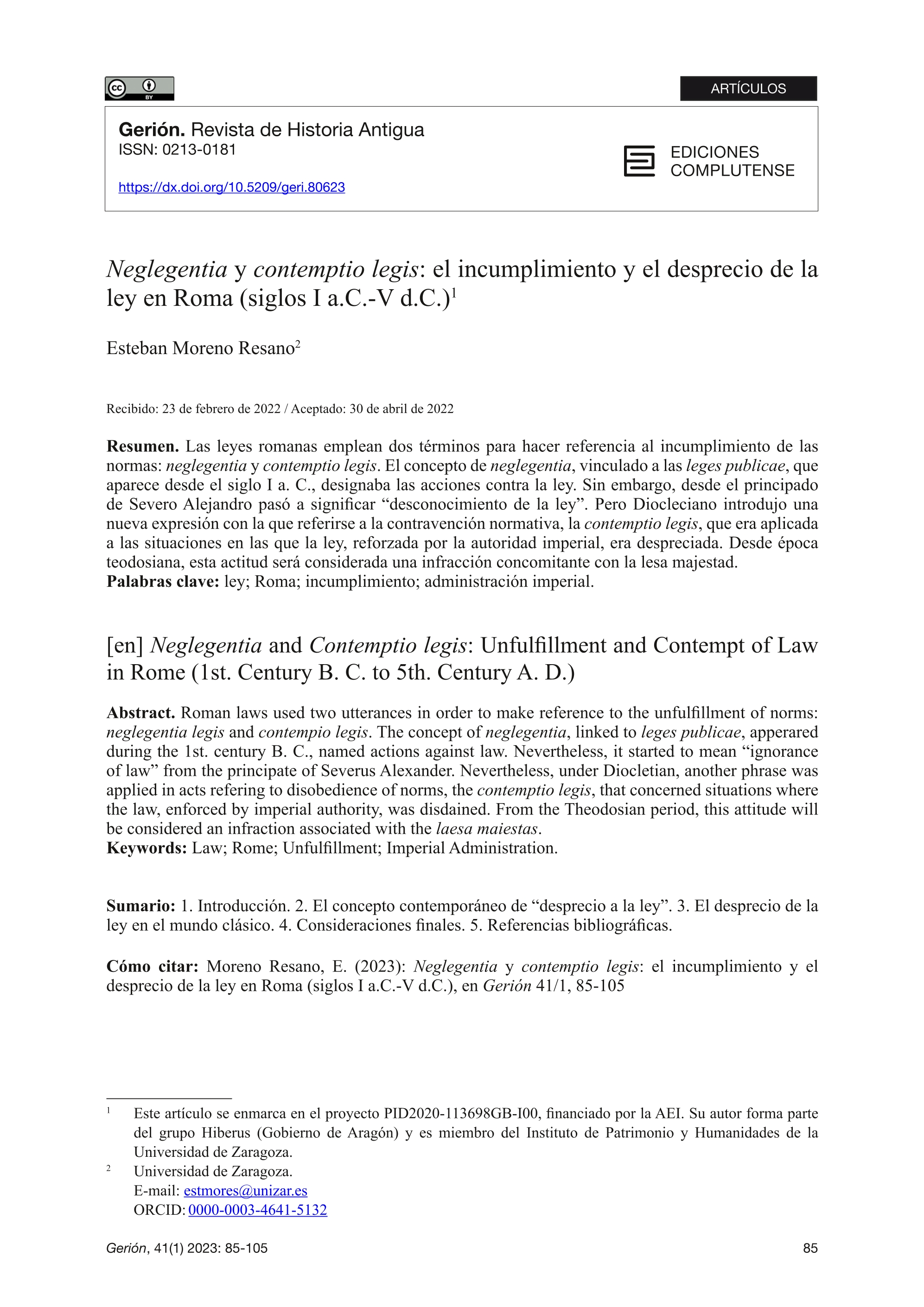 Neglegentia y contemptiolegis: el incumplimiento y el desprecio de la ley en Roma (siglos I a.C.-V d.C.)