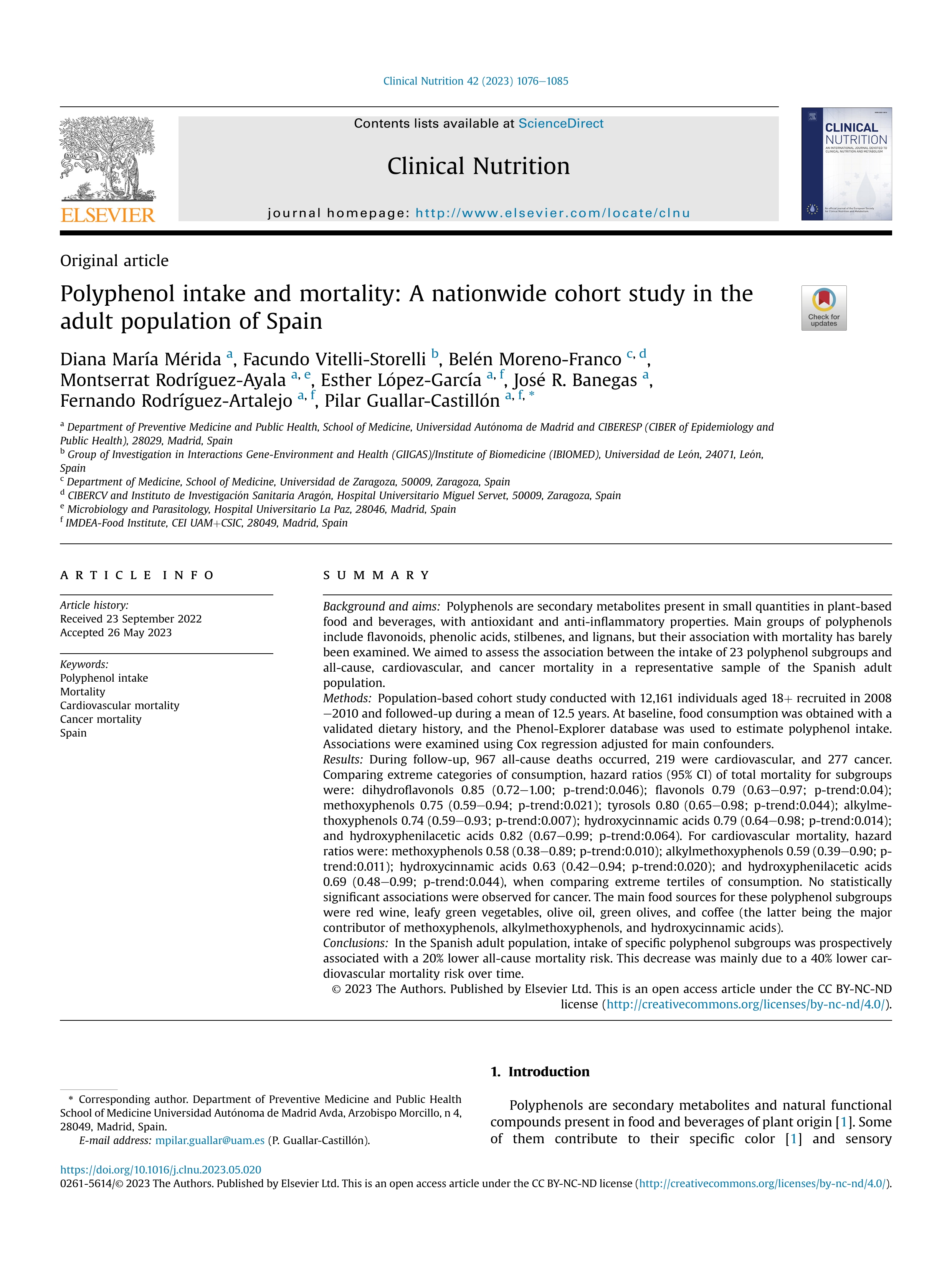 Polyphenol intake and mortality: A nationwide cohort study in the adult population of Spain