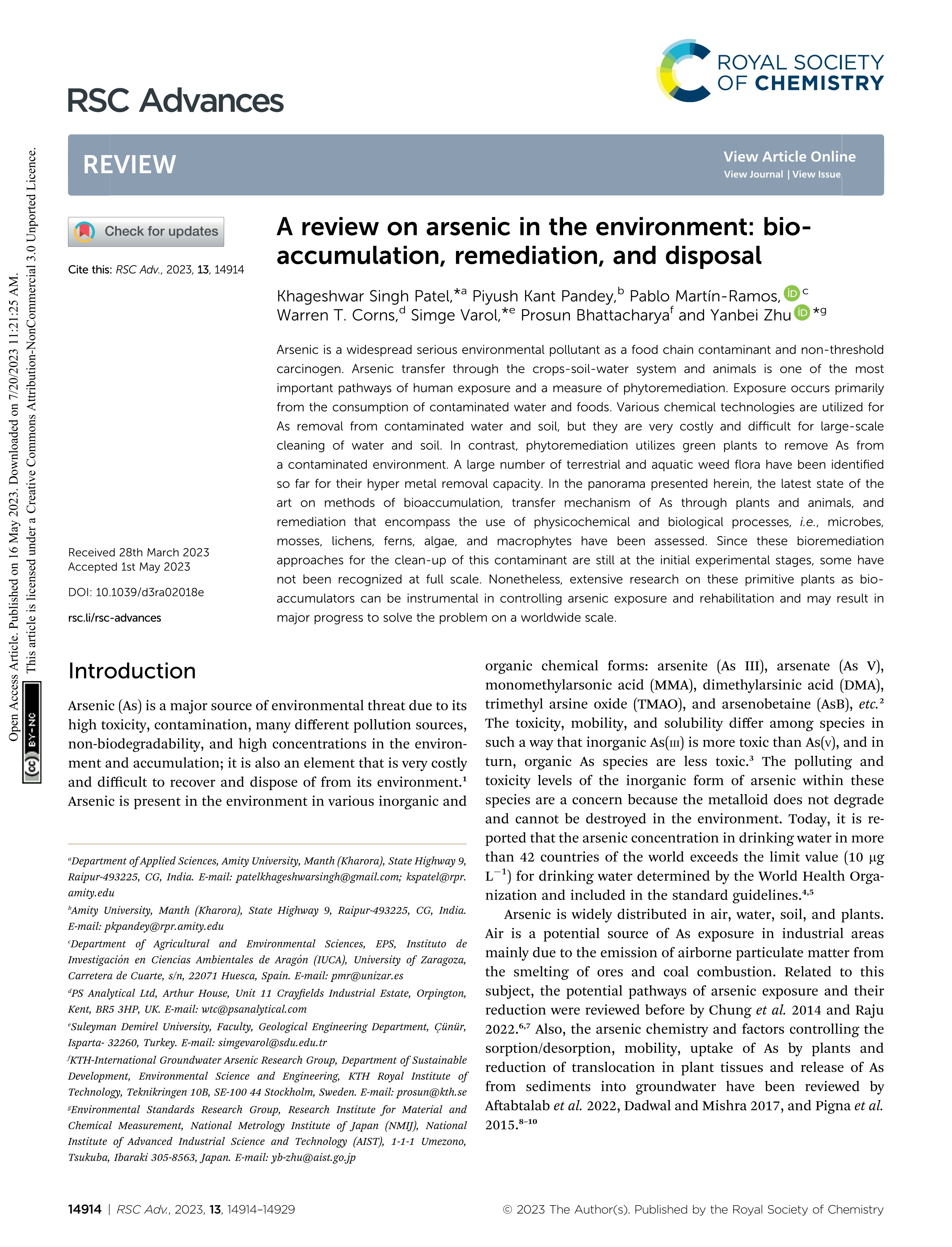 A review on arsenic in the environment: bio-accumulation, remediation, and disposal