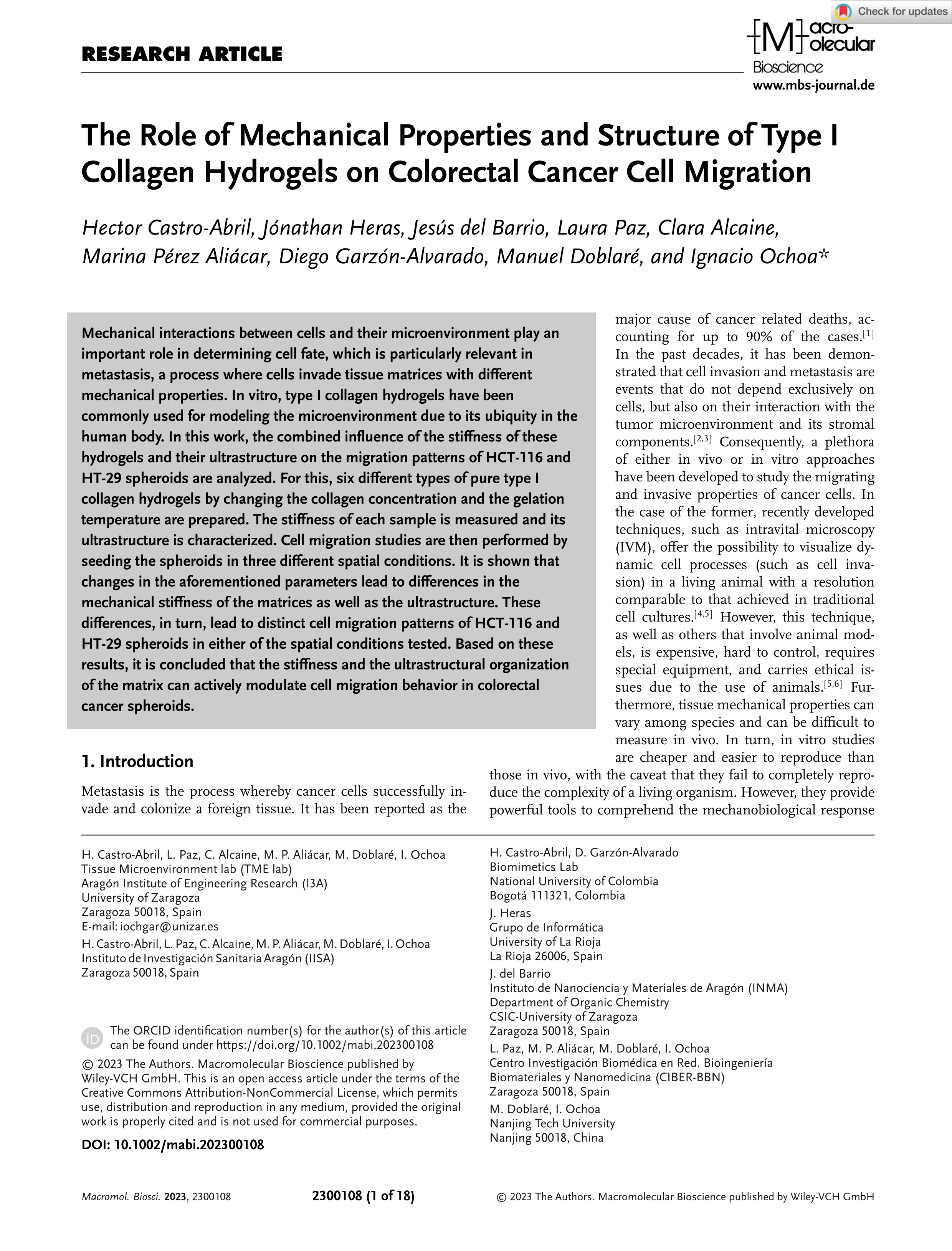 The Role of Mechanical Properties and Structure of Type I Collagen Hydrogels on Colorectal Cancer Cell Migration