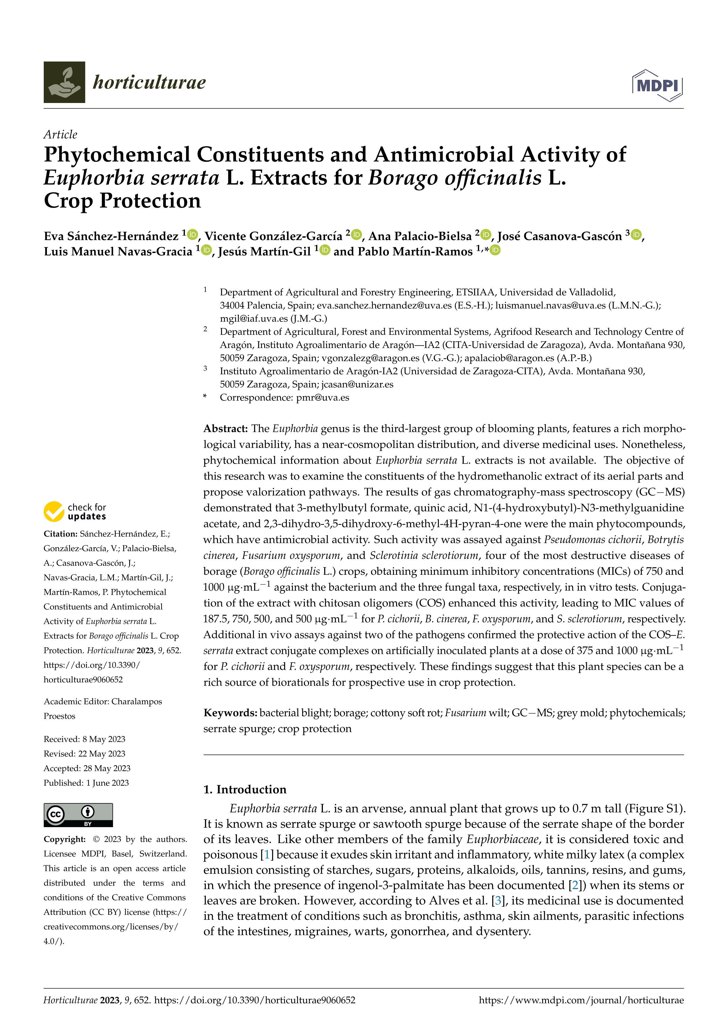 Phytochemical constituents and antimicrobial activity of Euphorbia Serrata L. extracts for Borago Officinalis L. Crop protection