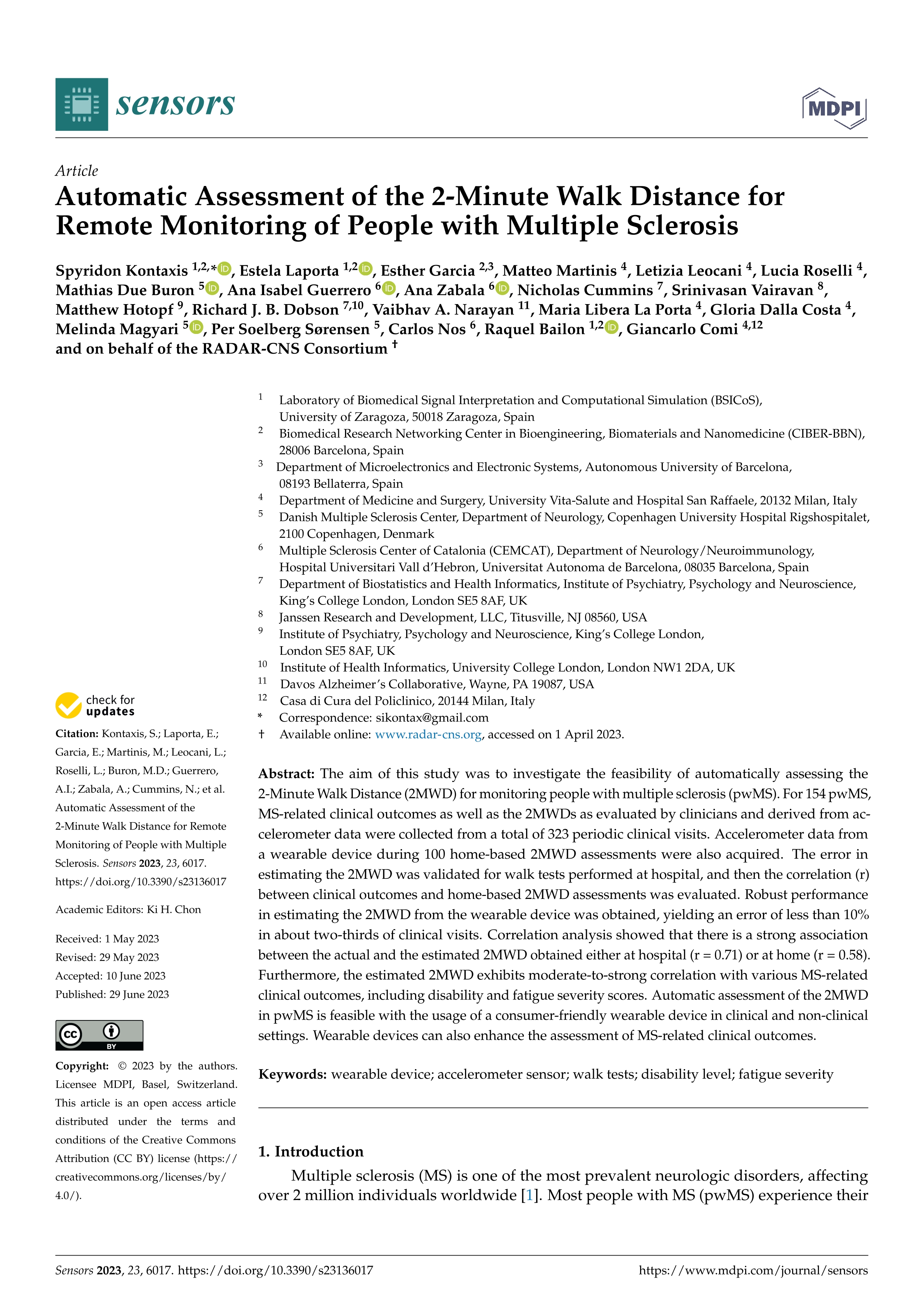 Automatic assessment of the 2-minute walk distance for remote monitoring of people with multiple sclerosis