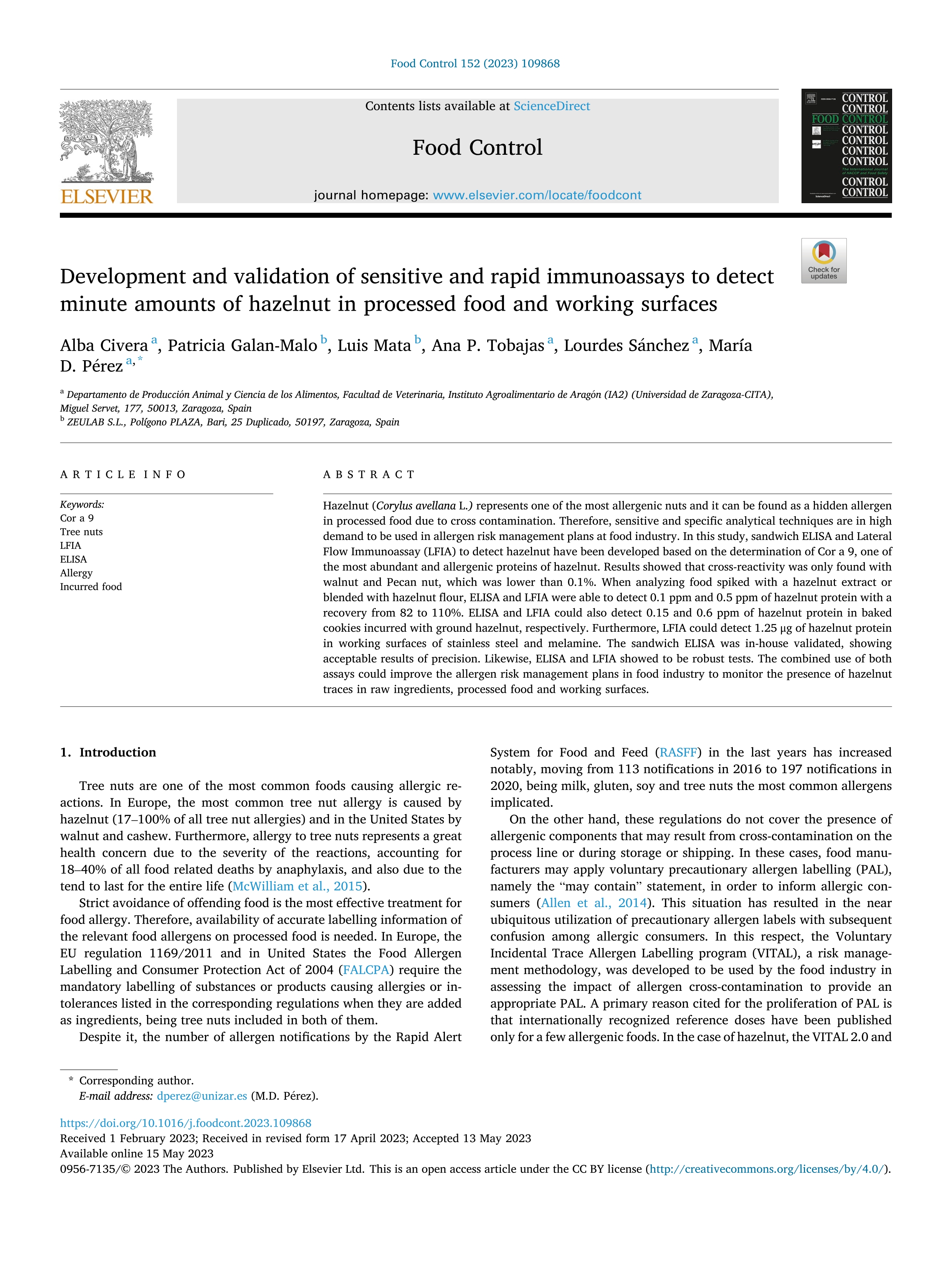 Development and validation of sensitive and rapid immunoassays to detect minute amounts of hazelnut in processed food and working surfaces