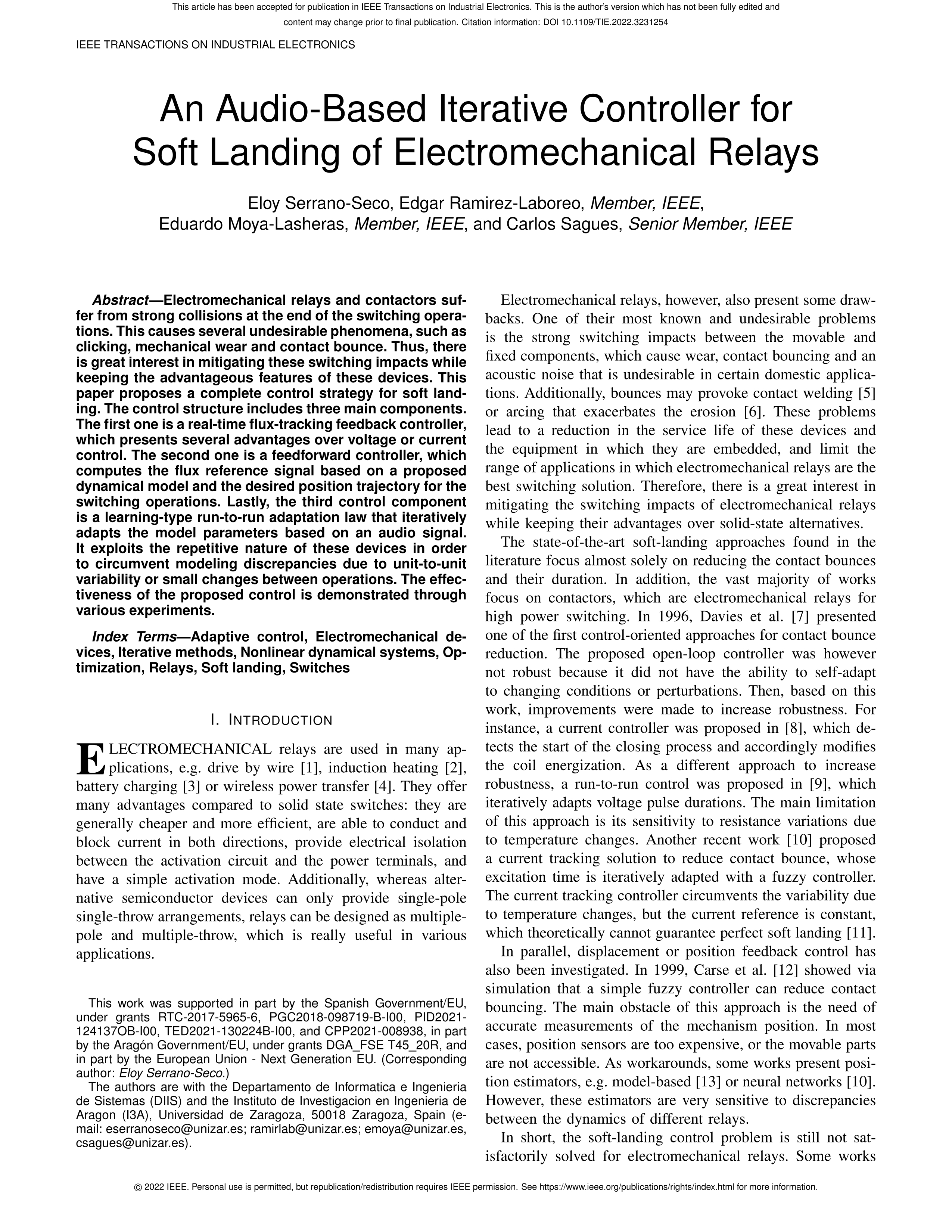 An audio-based iterative controller for soft landing of electromechanical relays