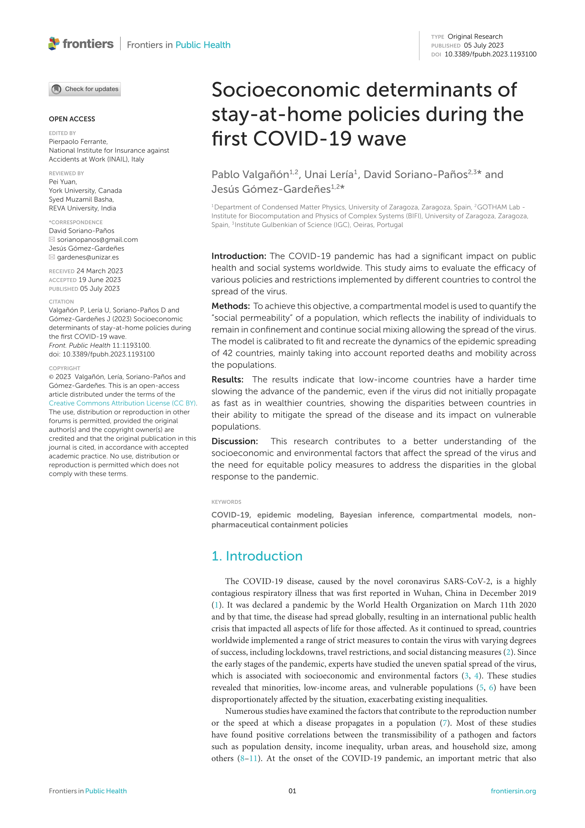 Socioeconomic determinants of stay-at-home policies during the first COVID-19 wave