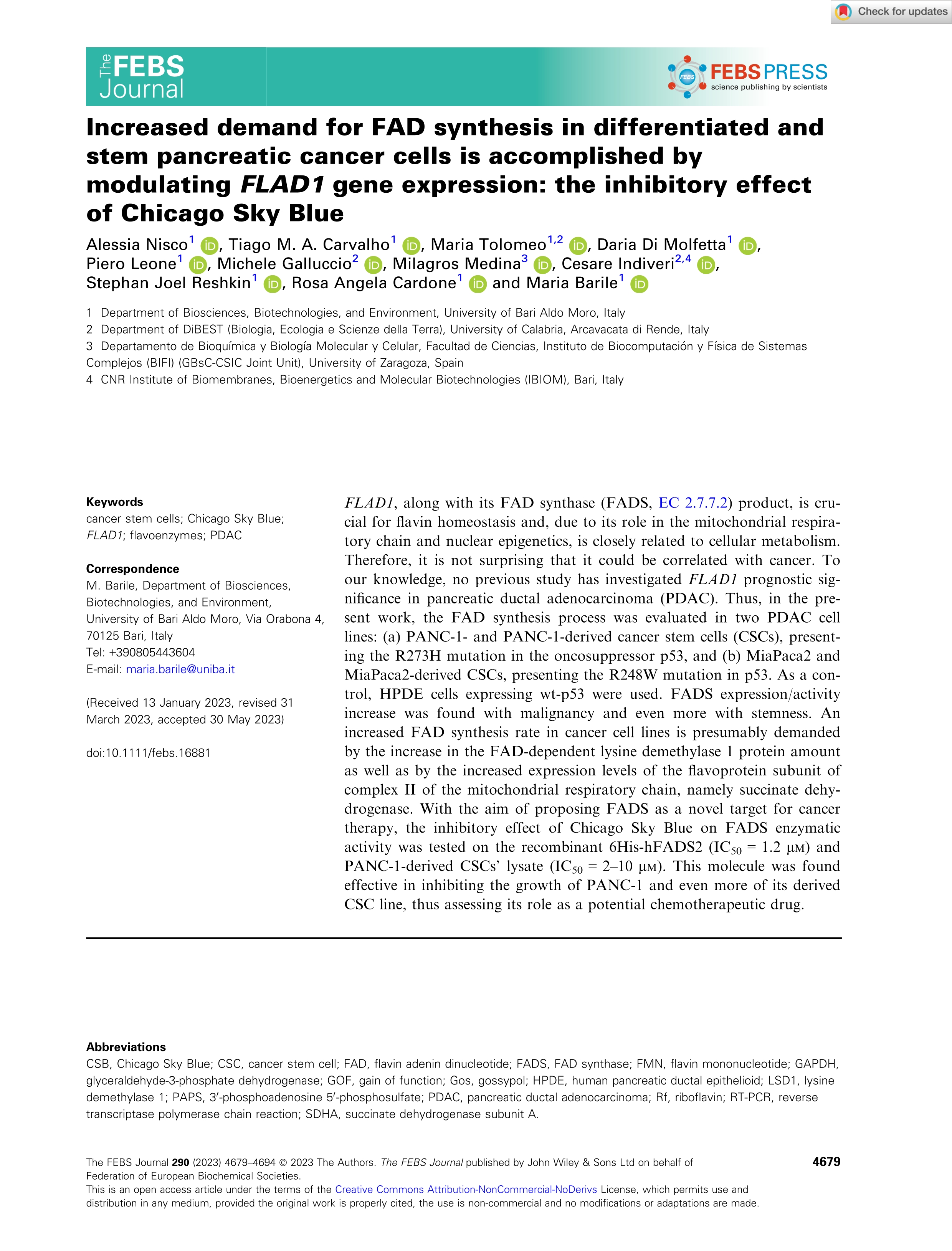 Increased demand for FAD synthesis in differentiated and stem pancreatic cancer cells is accomplished by modulating FLAD1 gene expression: the inhibitory effect of Chicago Sky Blue