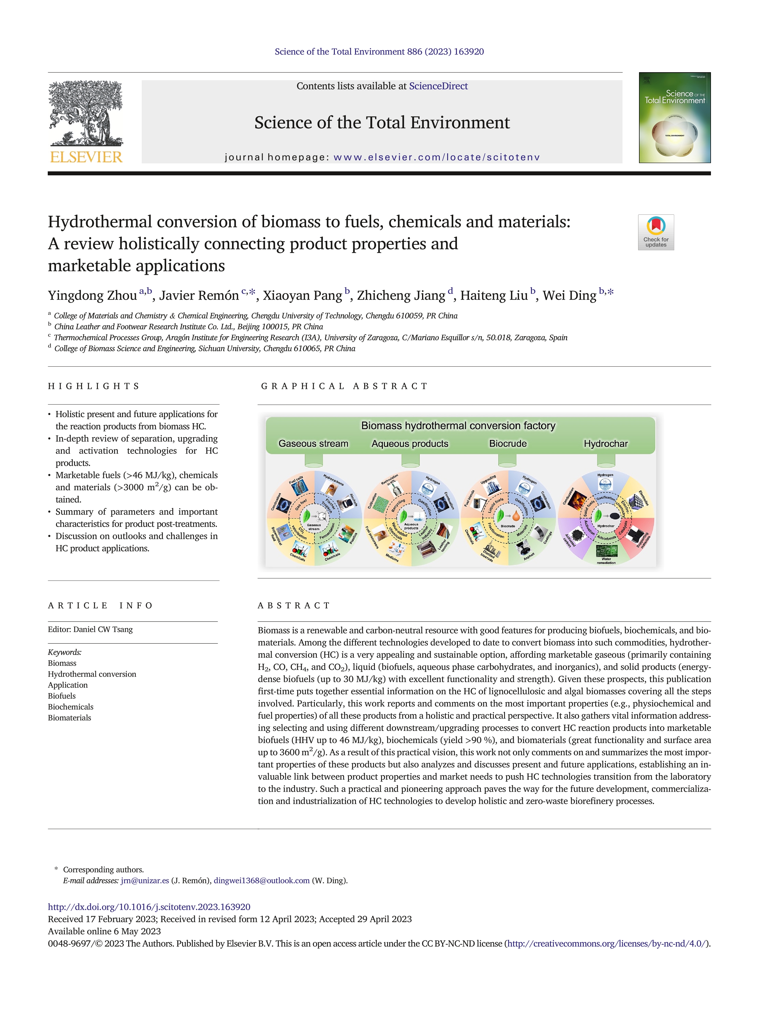 Hydrothermal conversion of biomass to fuels, chemicals and materials: A review holistically connecting product properties and marketable applications