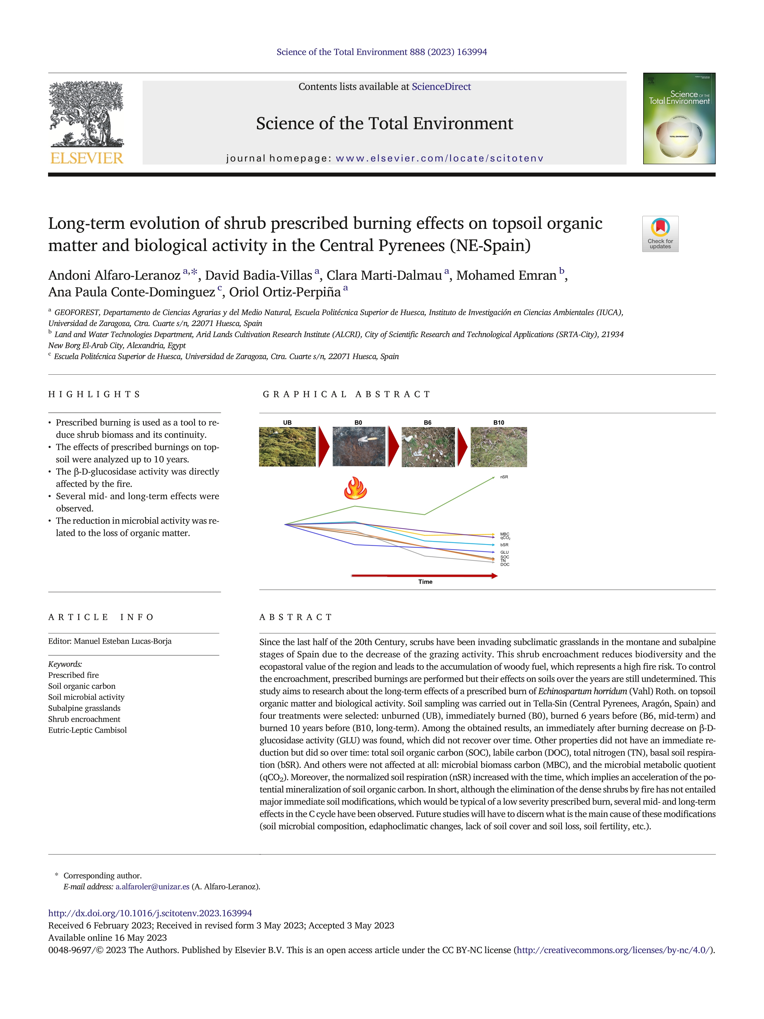 Long-term evolution of shrub prescribed burning effects on topsoil organic matter and biological activity in the Central Pyrenees (NE-Spain)