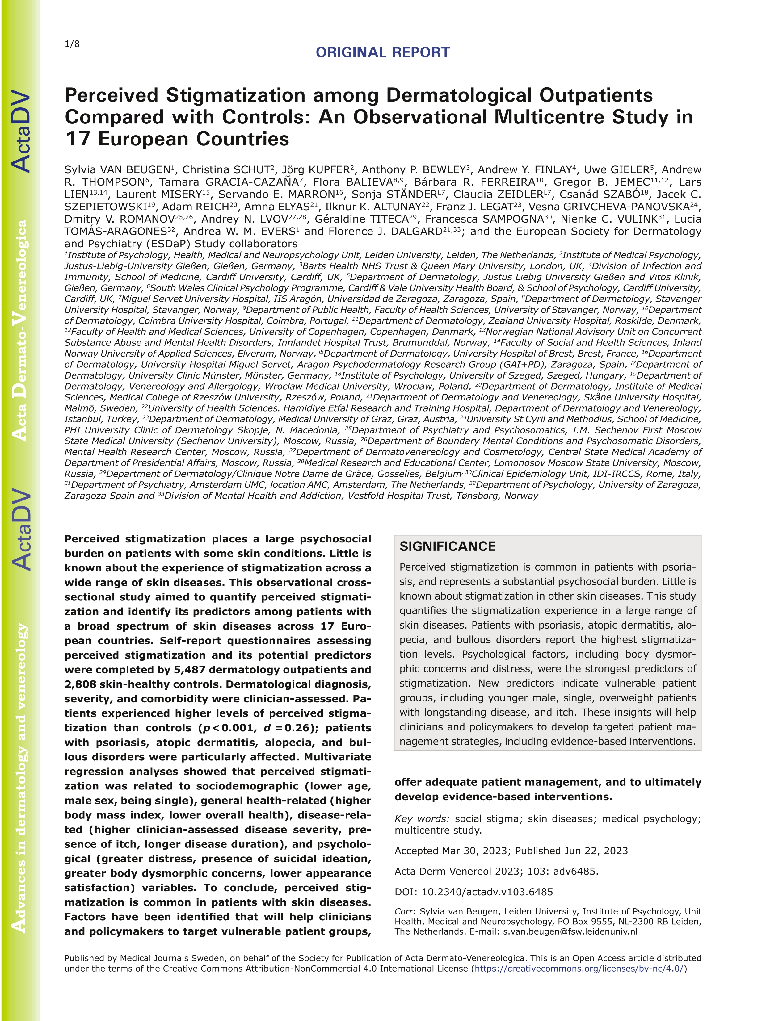 Perceived stigmatization among dermatological outpatients compared with controls: an observational multicentre study in 17 European countries