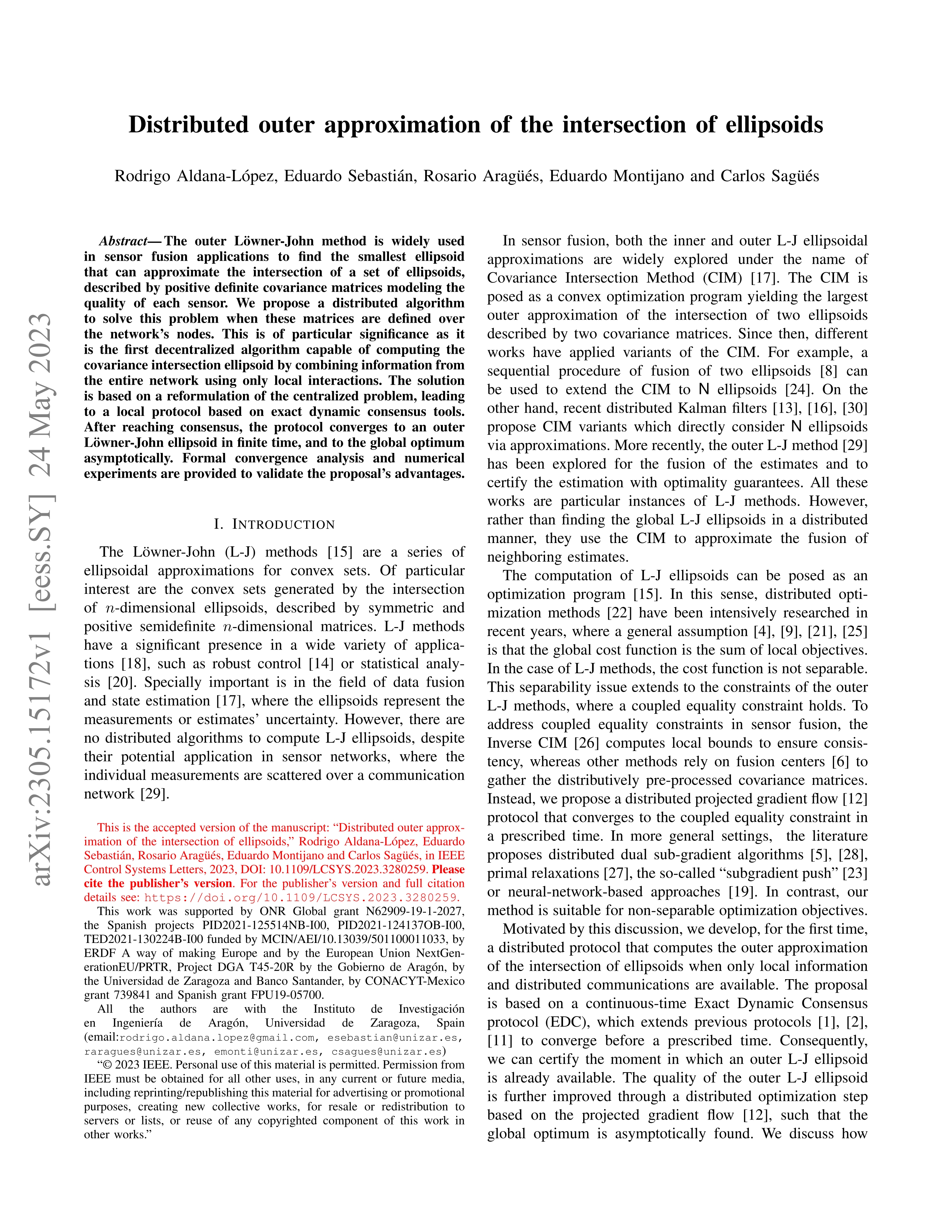 Distributed outer approximation of the intersection of ellipsoids