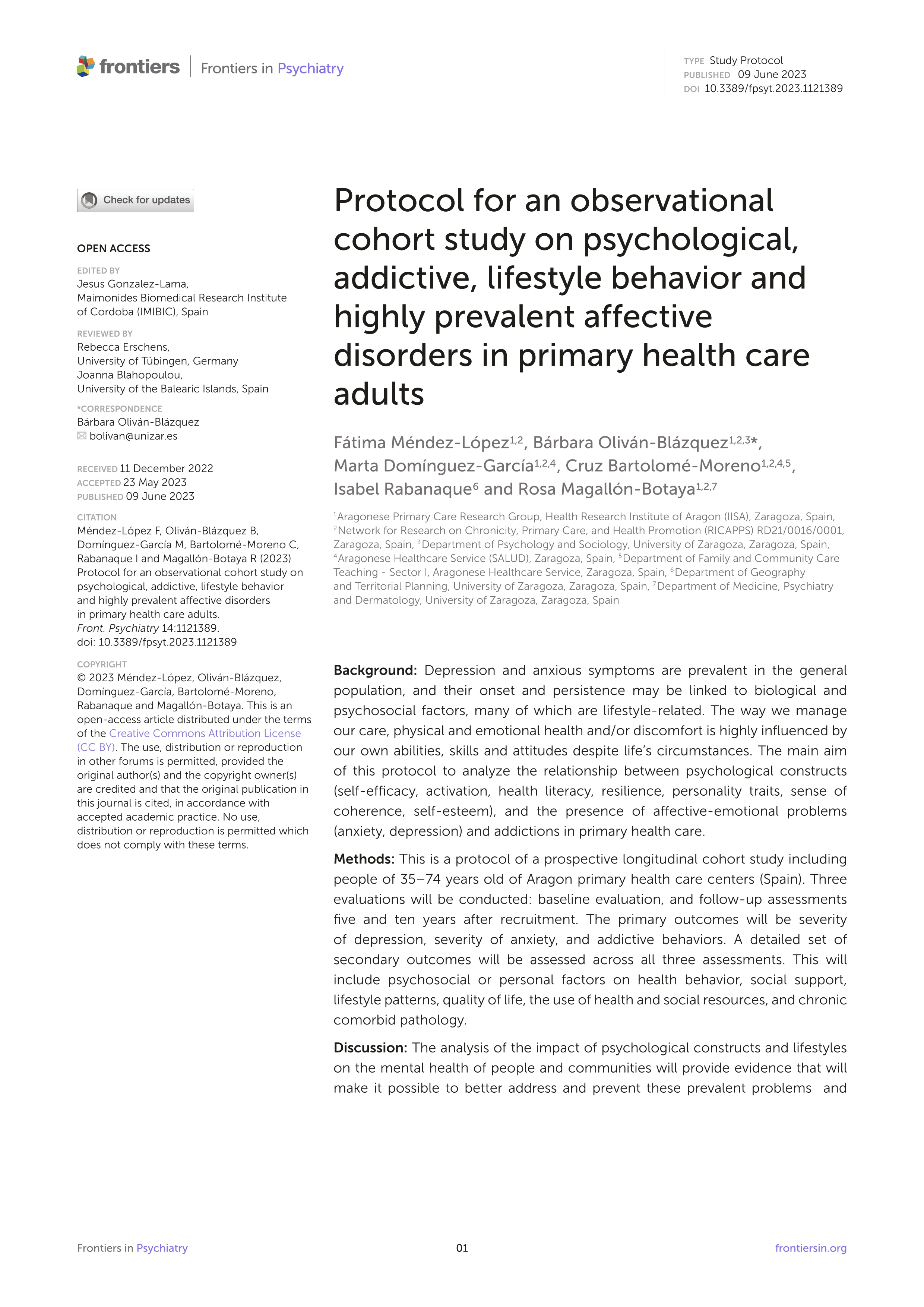 Protocol for an observational cohort study on psychological, addictive, lifestyle behavior and highly prevalent affective disorders in primary health care adults