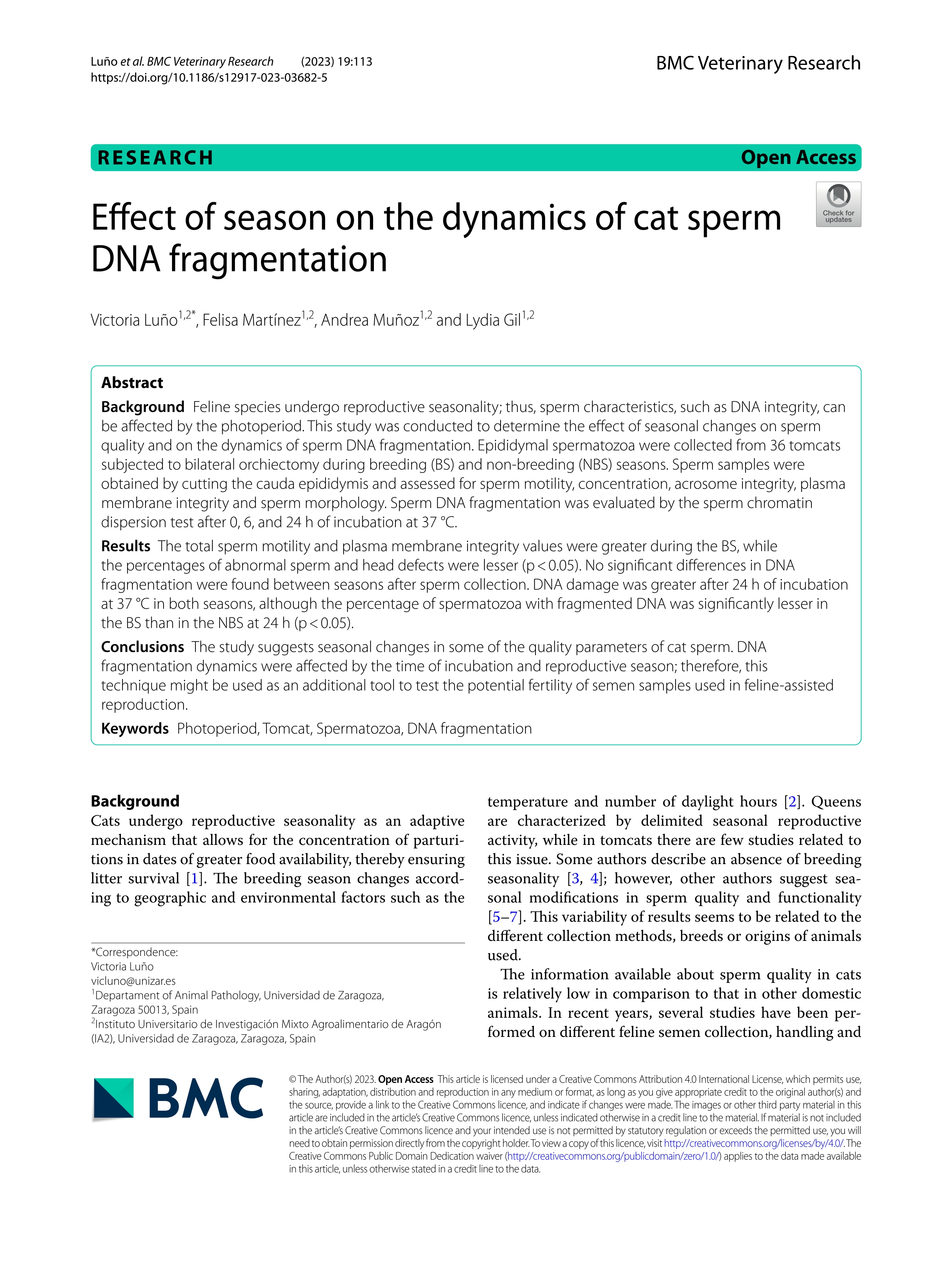 Effect of season on the dynamics of cat sperm DNA fragmentation