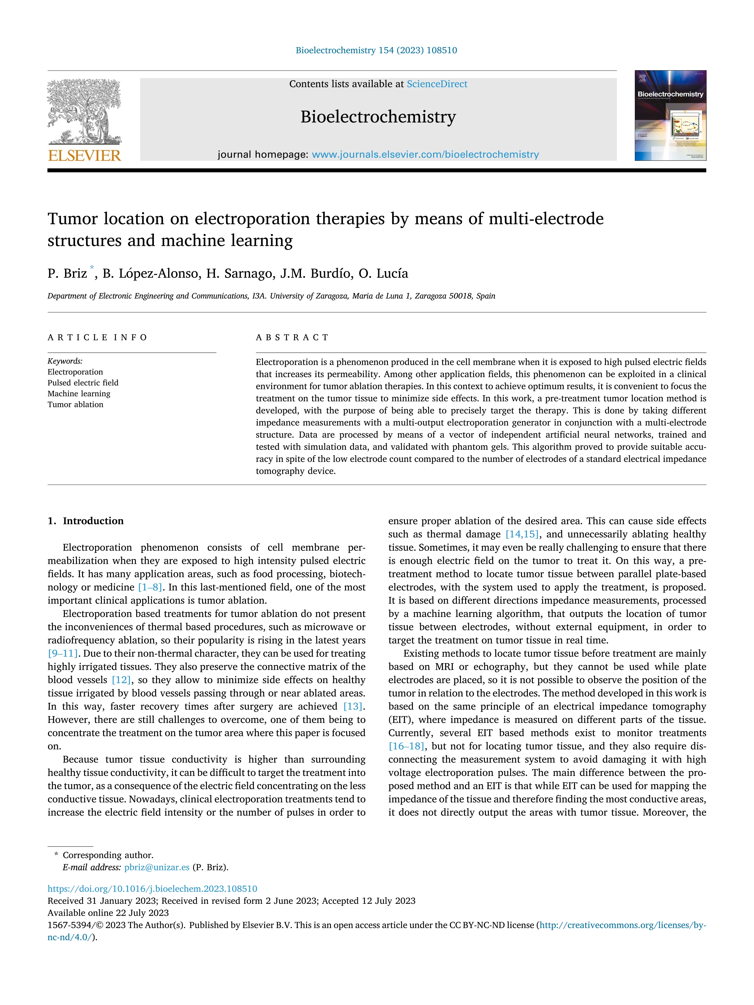 Tumor location on electroporation therapies by means of multi-electrode structures and machine learning