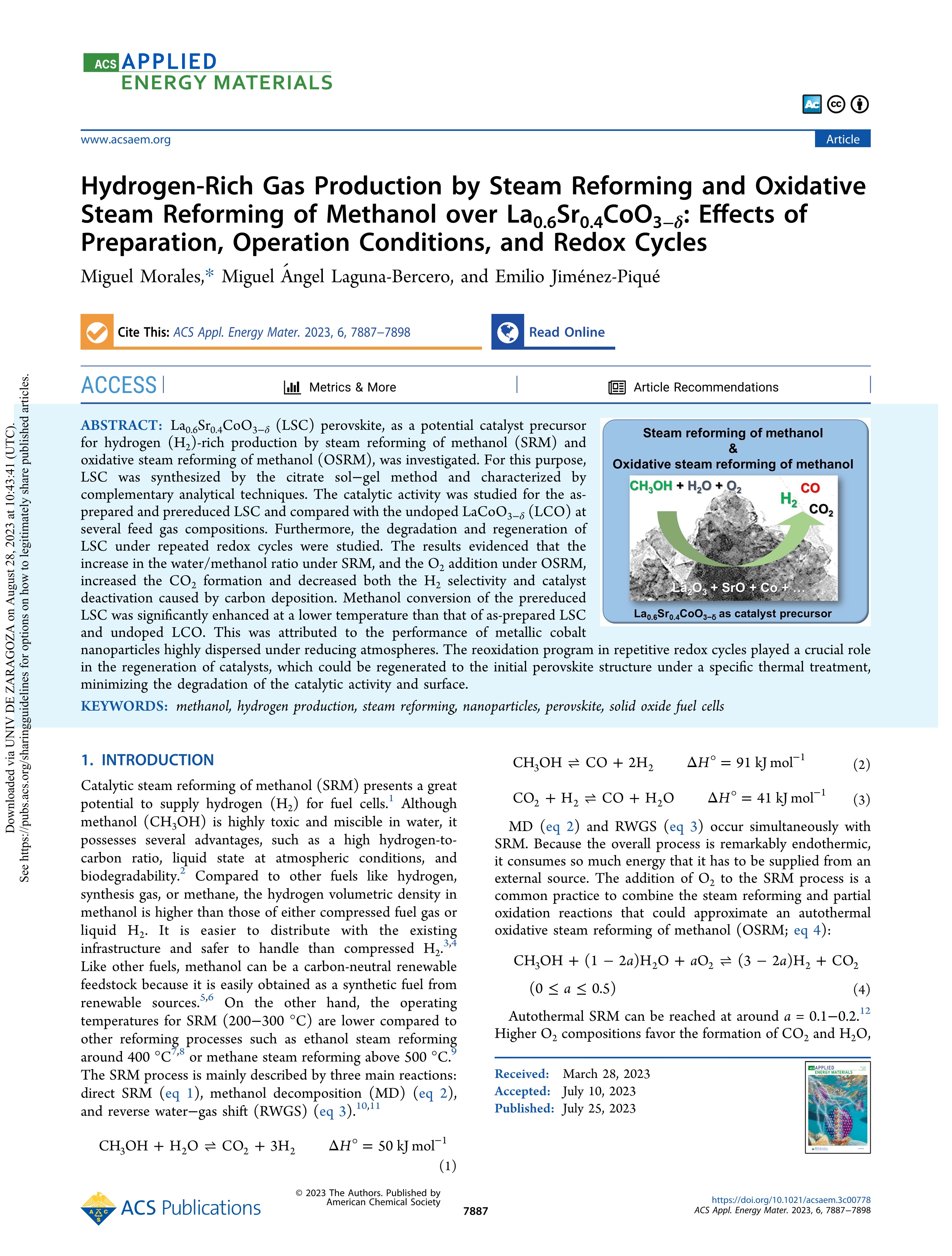 Hydrogen-rich gas production by steam reforming and oxidative steam reforming of methanol over La[sub]0.6sr[sub]0.4CoO[sub]3-d: effects of preparation, operation conditions, and redox cycles