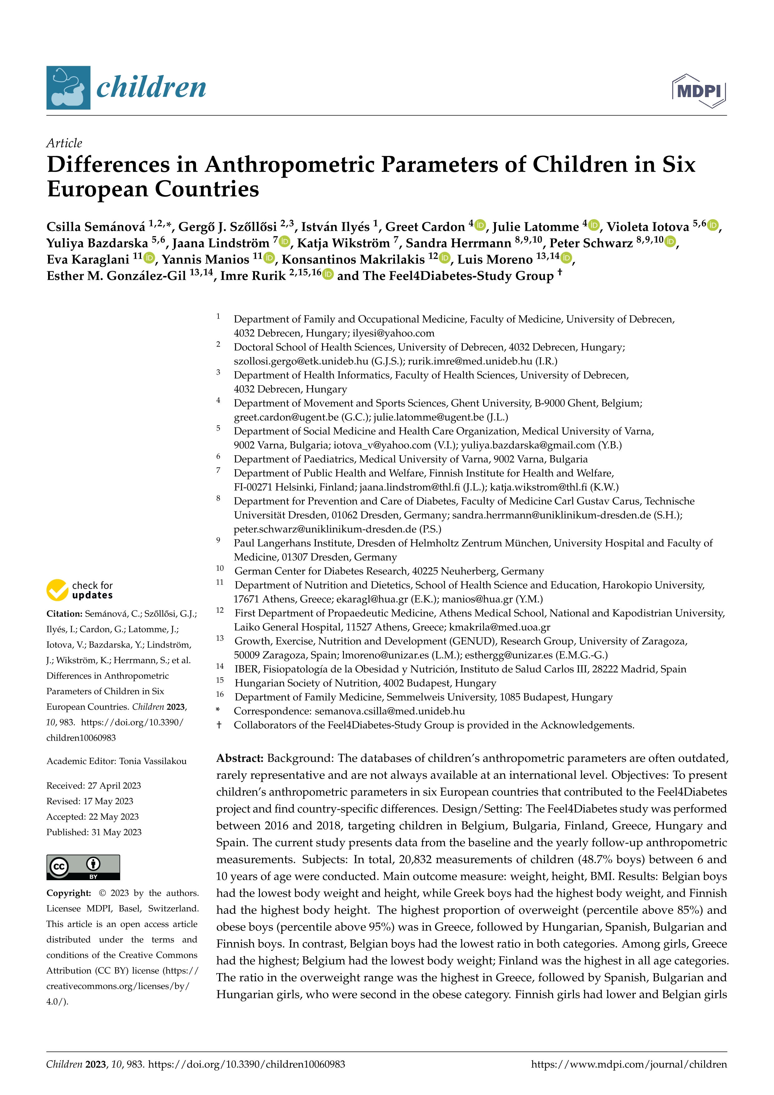 Differences in anthropometric parameters of children in six European countries