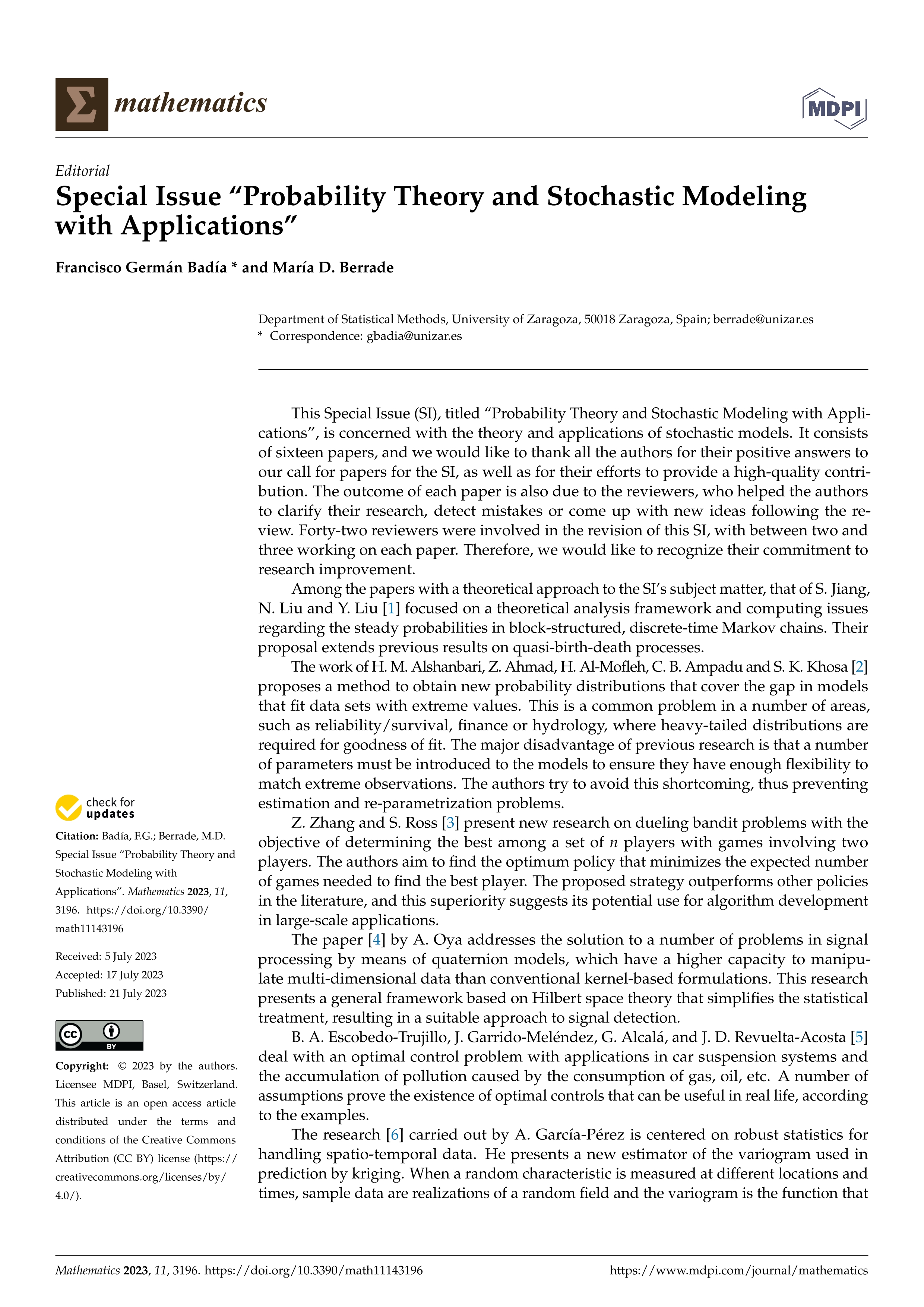 Special issue “Probability Theory and Stochastic modeling with applications”