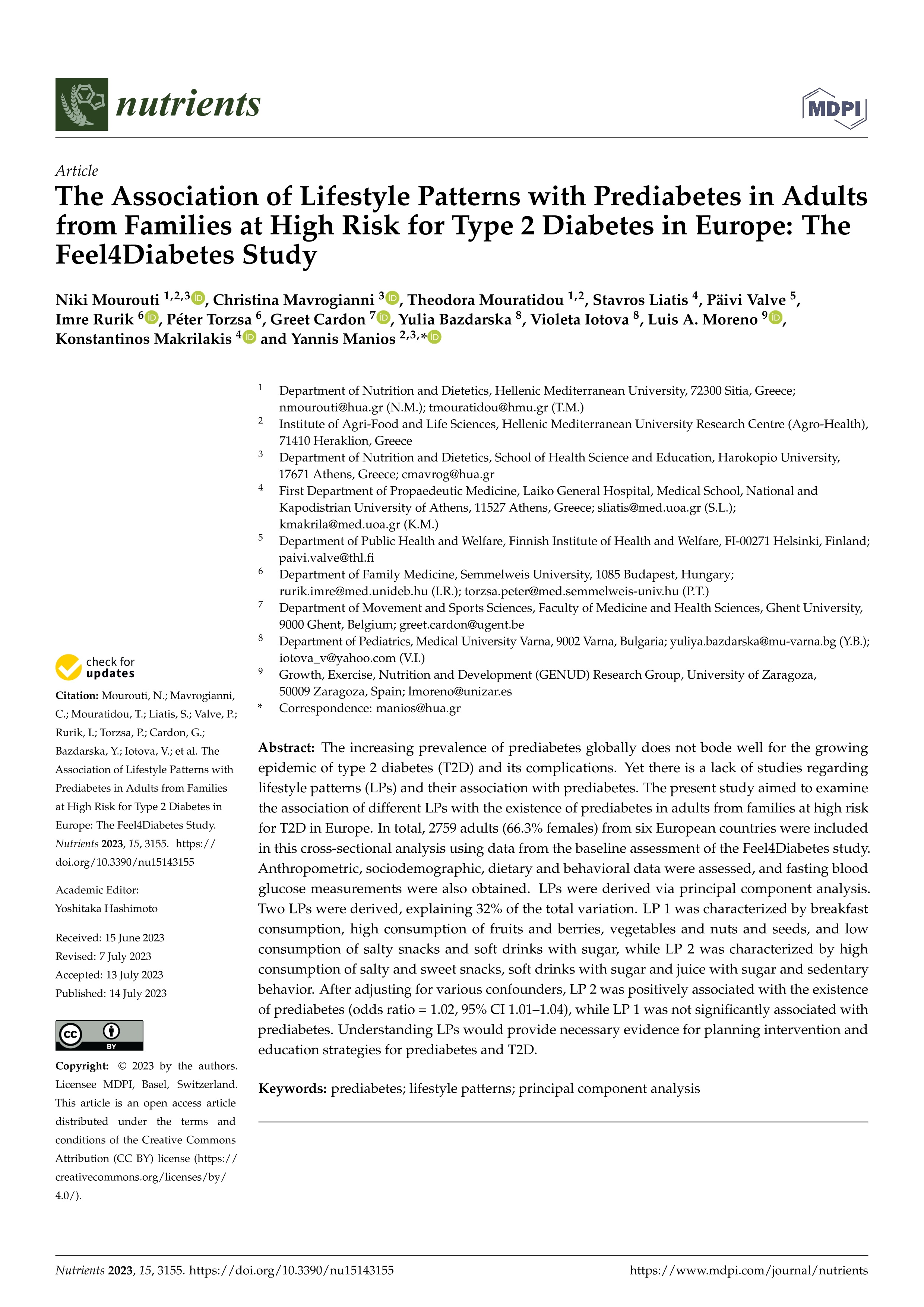 The association of lifestyle patterns with prediabetes in adults from families at high risk for type 2 diabetes in Europe: the Feel4diabetes study
