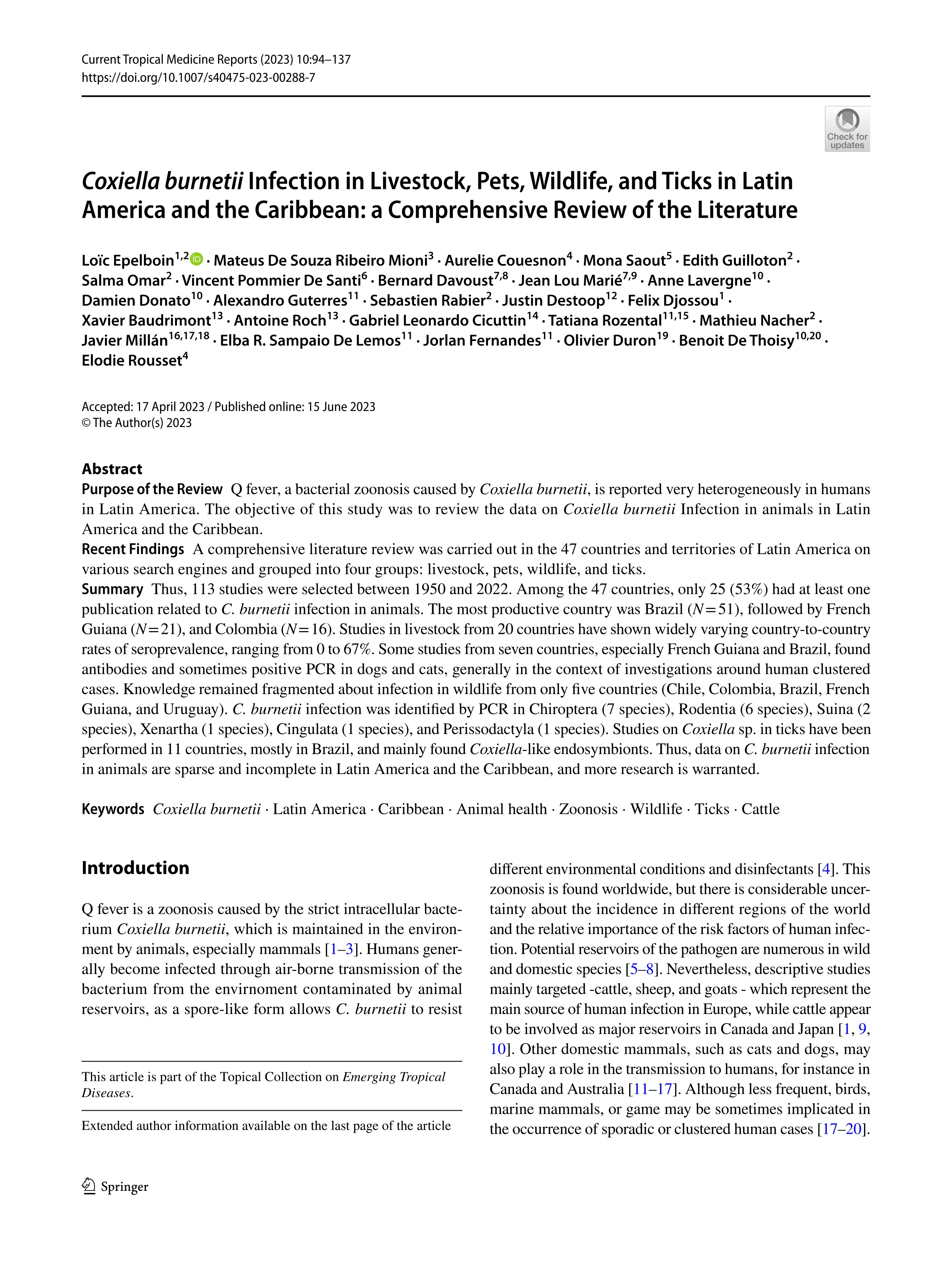 Coxiella burnetii Infection in Livestock, Pets, Wildlife, and Ticks in Latin America and the Caribbean: a Comprehensive Review of the Literature