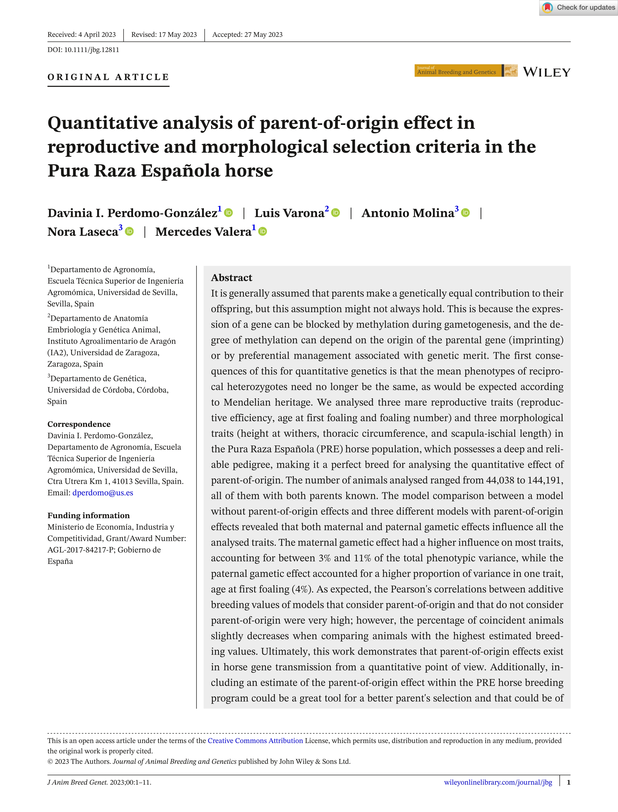 Quantitative analysis of parent-of-origin effect in reproductive and morphological selection criteria in the Pura Raza Española horse