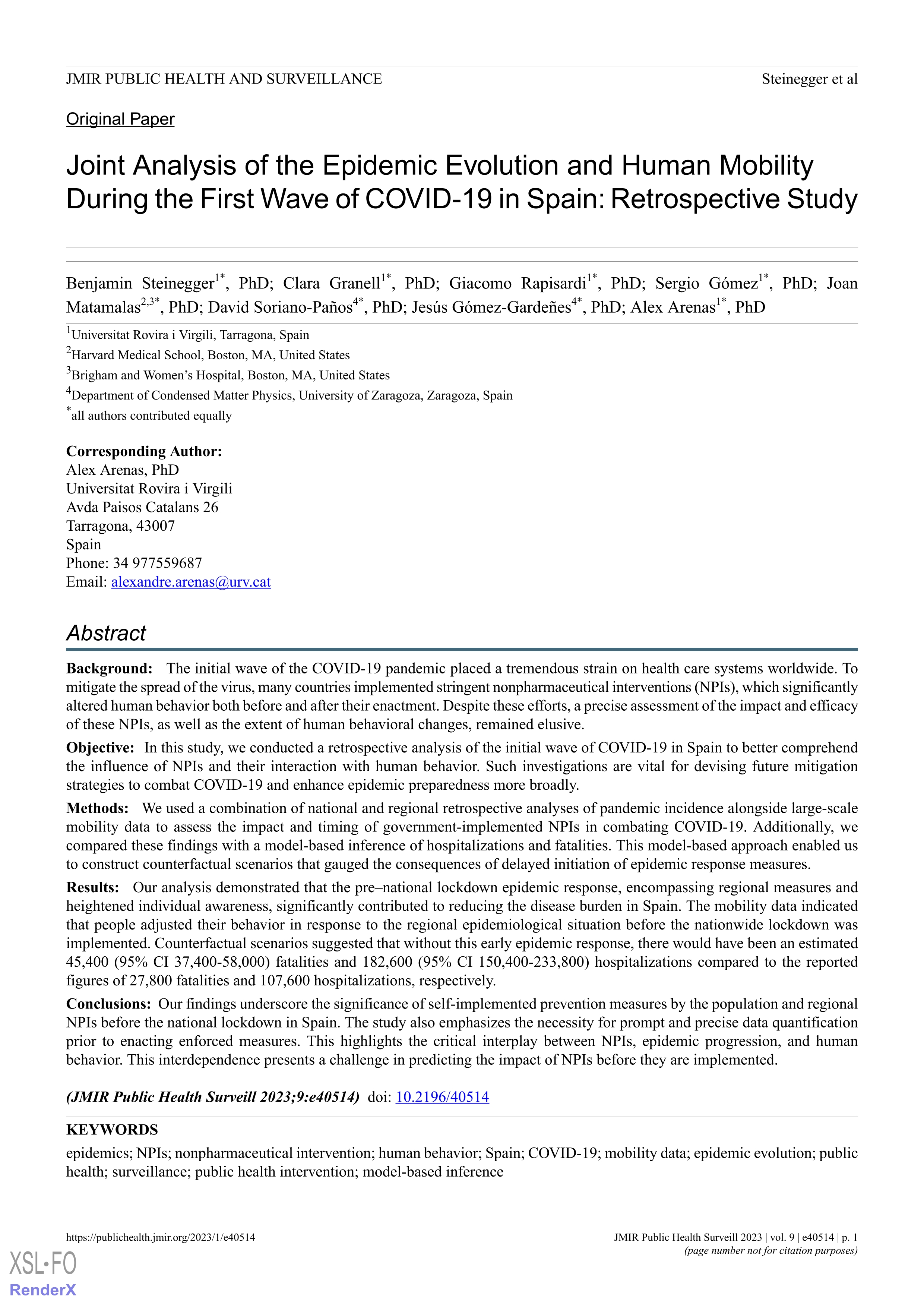 Joint analysis of the epidemic evolution and human mobility during the first wave of Covid-19 in Spain: retrospective study