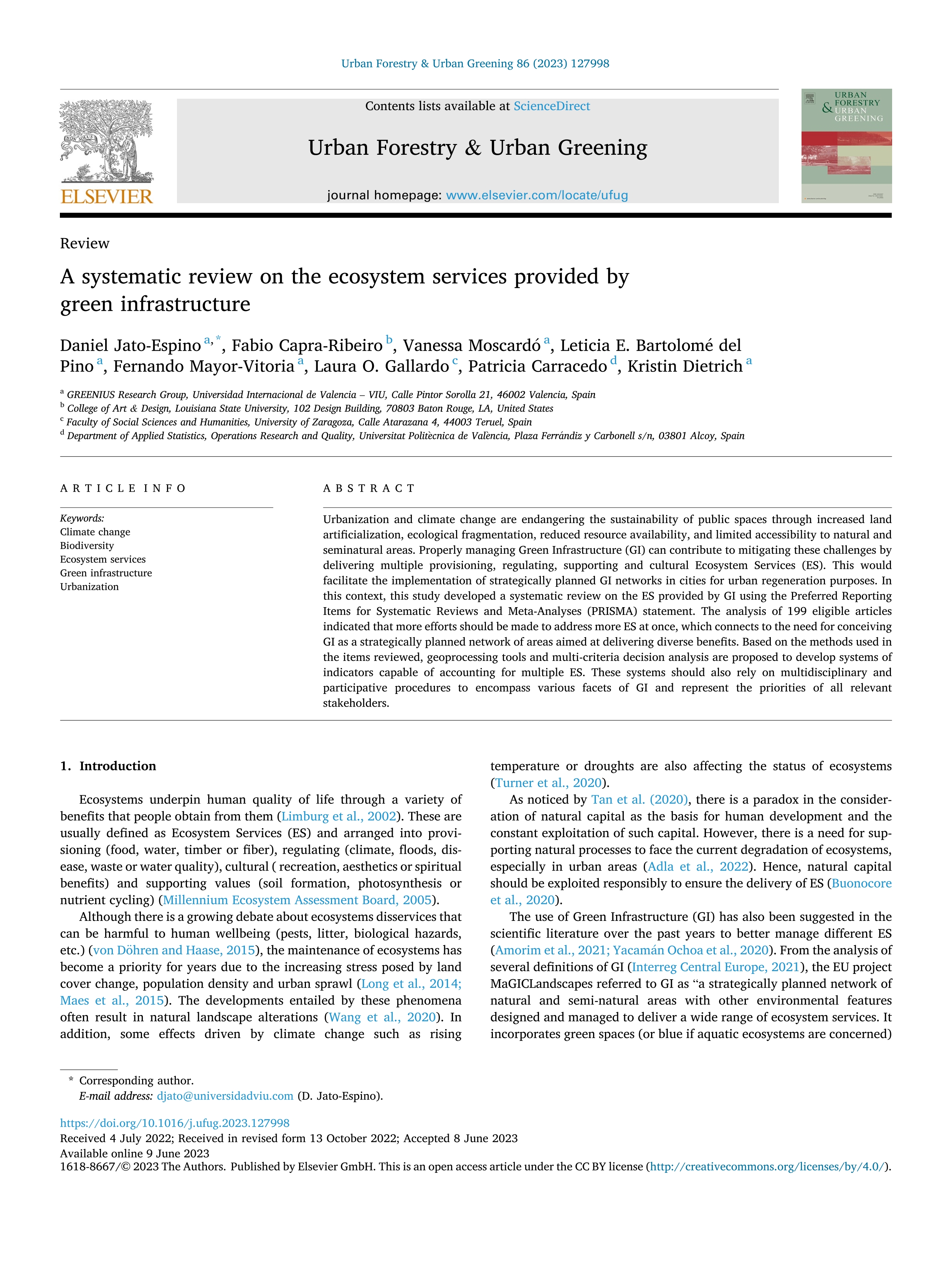 A systematic review on the ecosystem services provided by green infrastructure