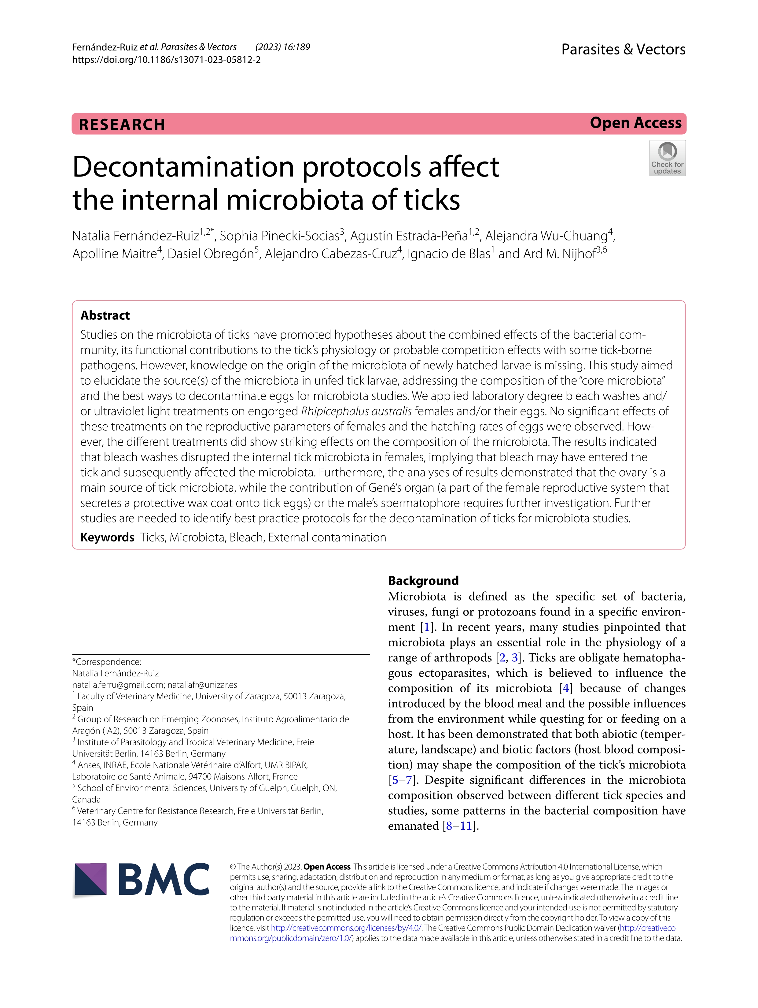 Decontamination protocols affect the internal microbiota of ticks