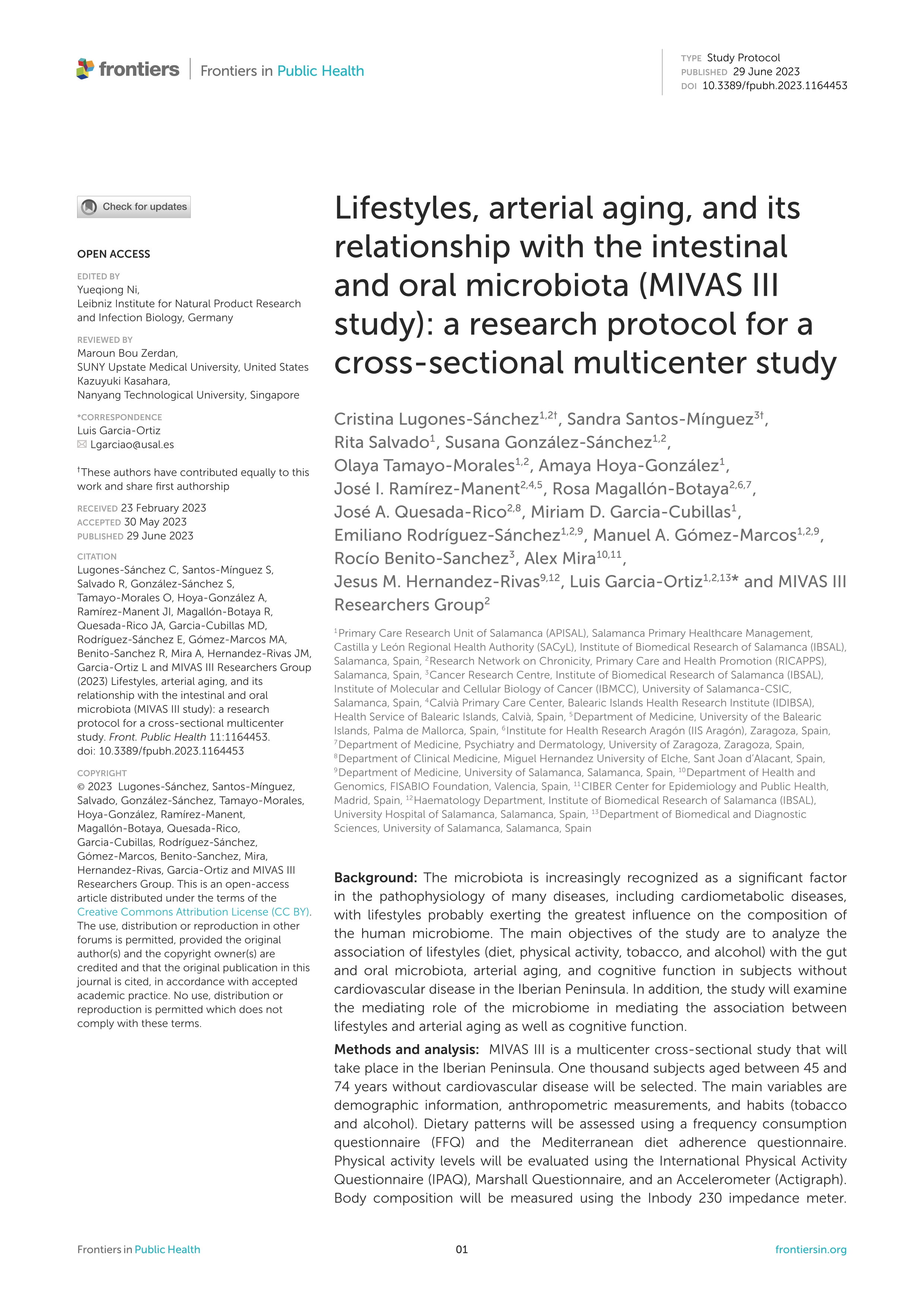 Lifestyles, arterial aging, and its relationship with the intestinal and oral microbiota (MIVAS III study): a research protocol for a cross-sectional multicenter study