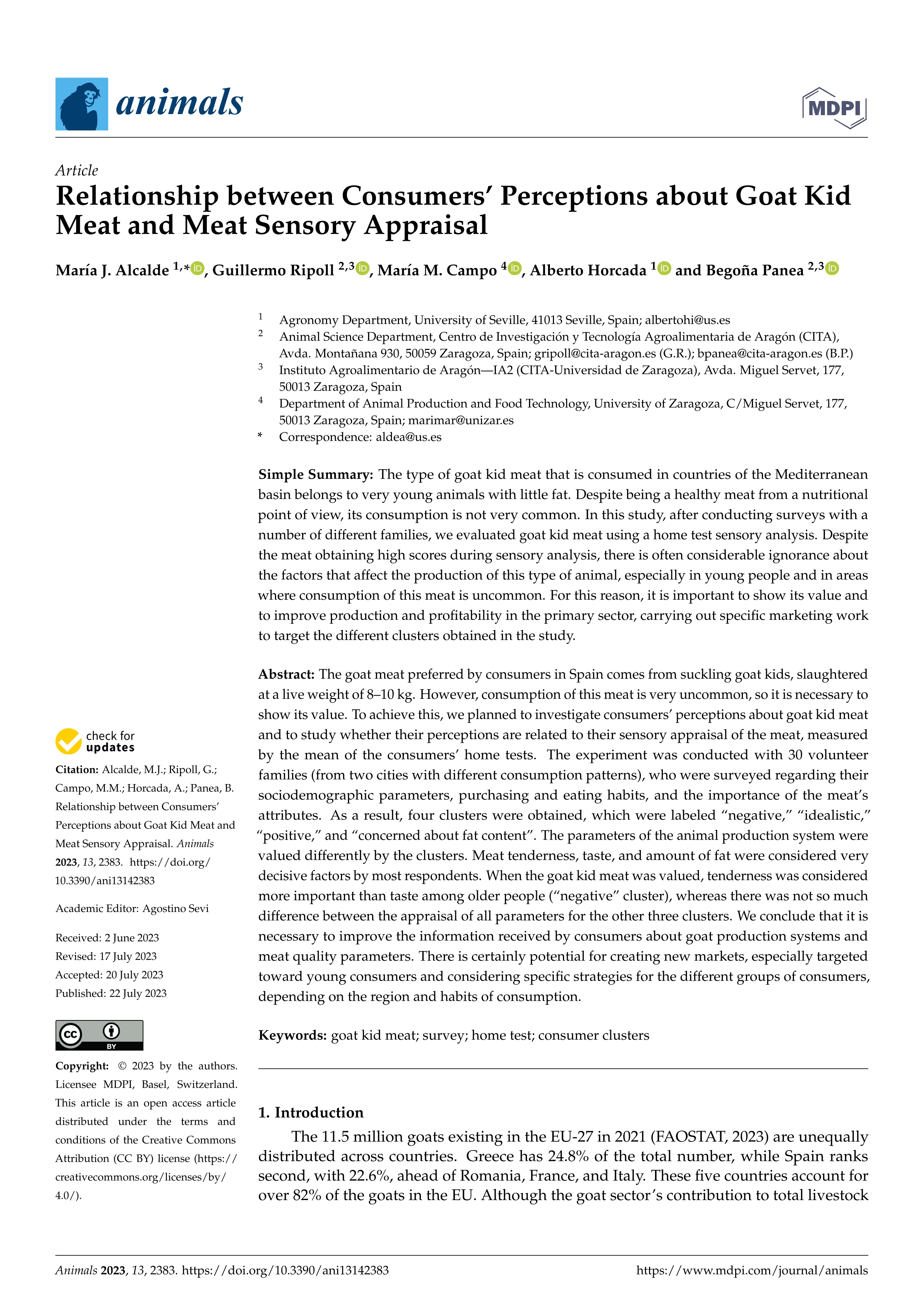 Relationship between consumers’ perceptions about goat kid meat and meat sensory appraisal