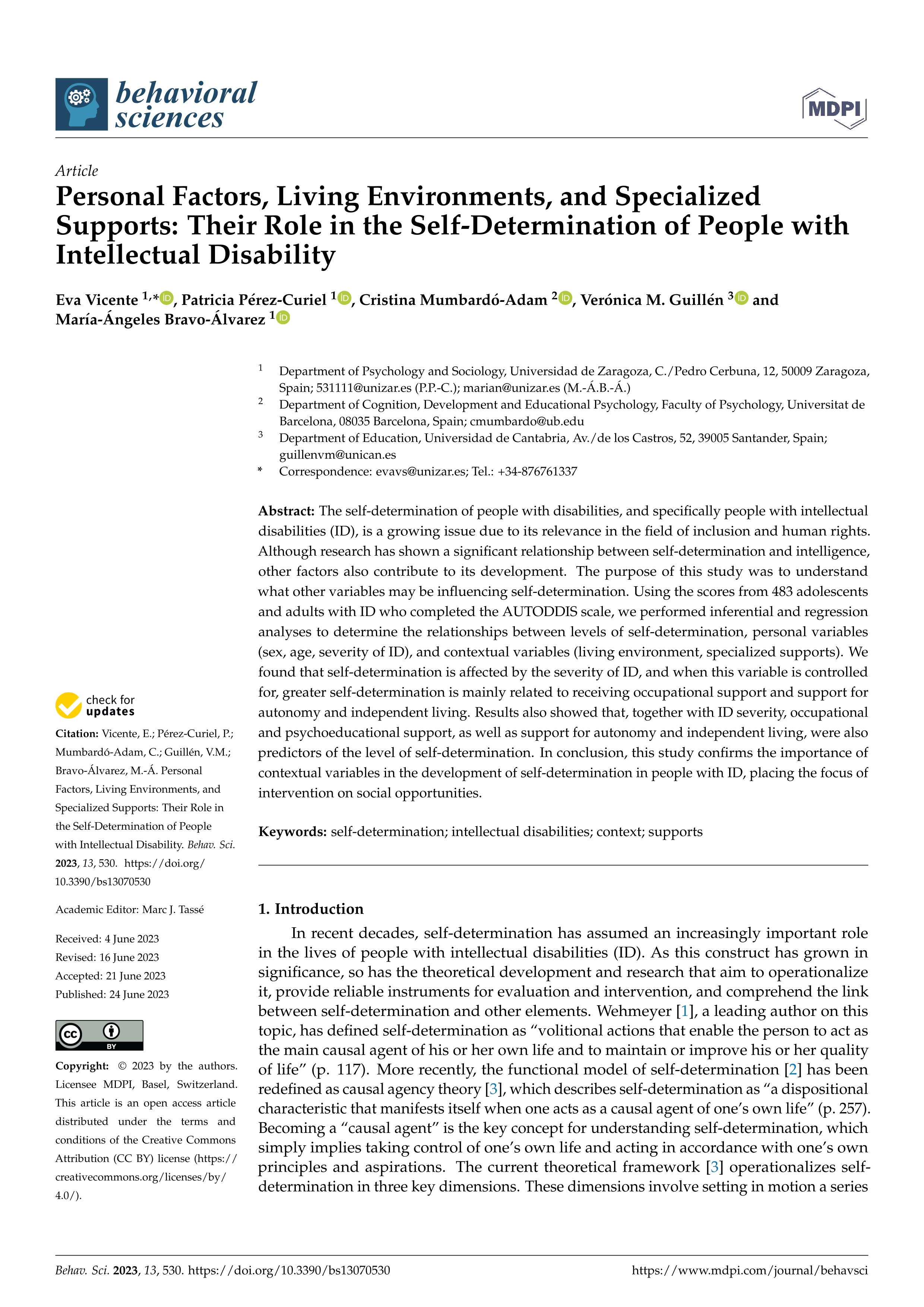 Personal factors, living environments, and specialized supports: their role in the self-determination of people with intellectual disability