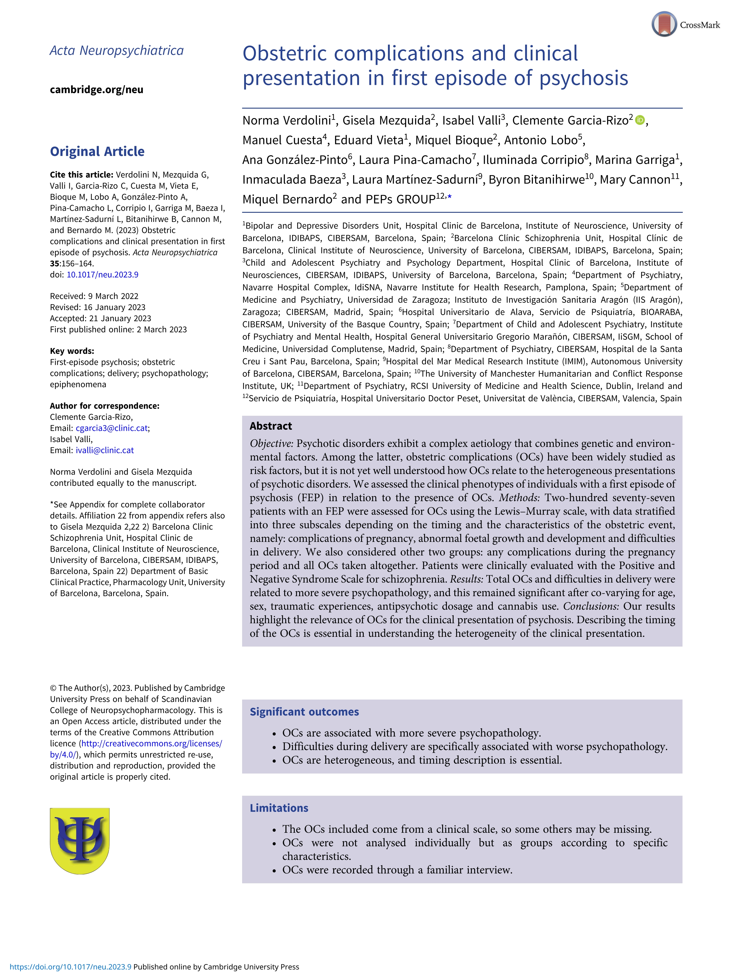 Obstetric complications and clinical presentation in first episode of psychosis