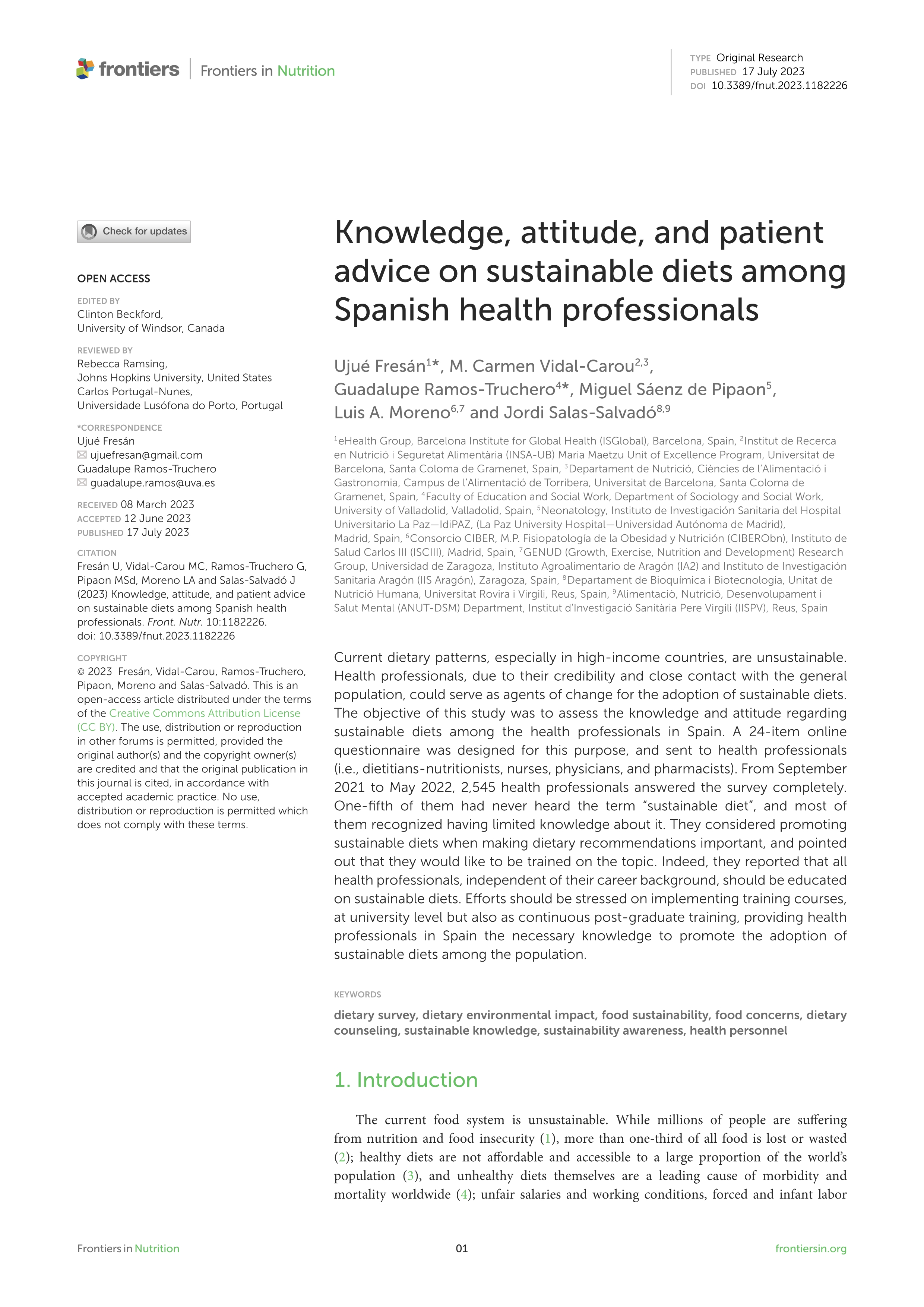 Knowledge, attitude, and patient advice on sustainable diets among Spanish health professionals