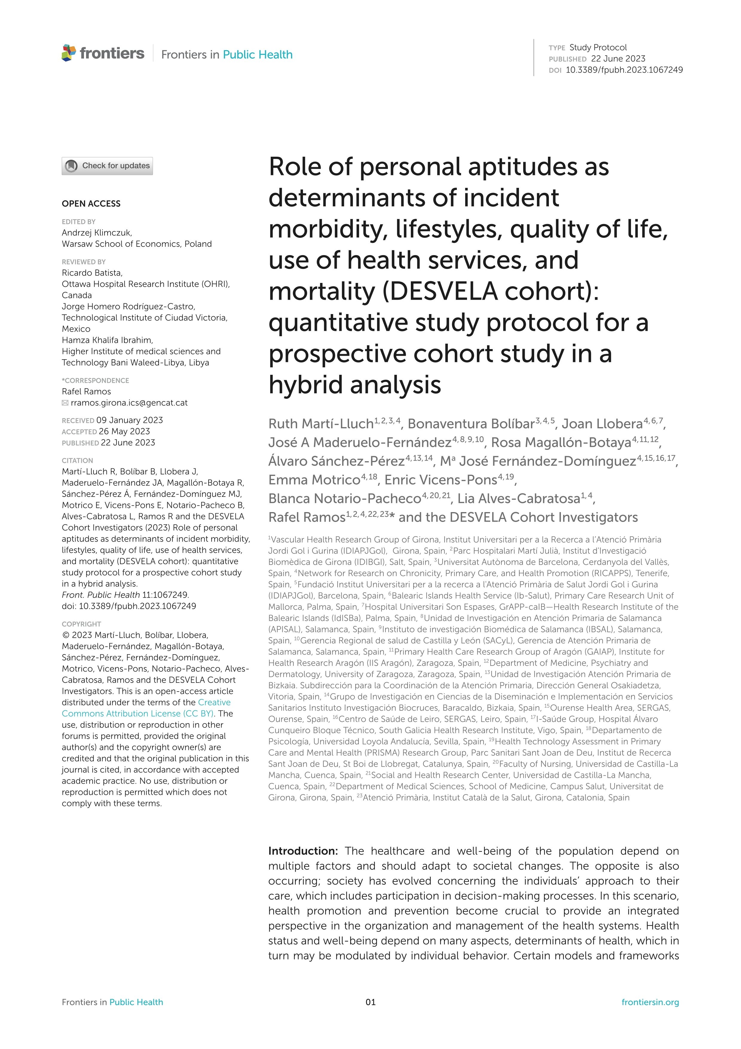 Role of personal aptitudes as determinants of incident morbidity, lifestyles, quality of life, use of health services, and mortality (DESVELA cohort): quantitative study protocol for a prospective cohort study in a hybrid analysis