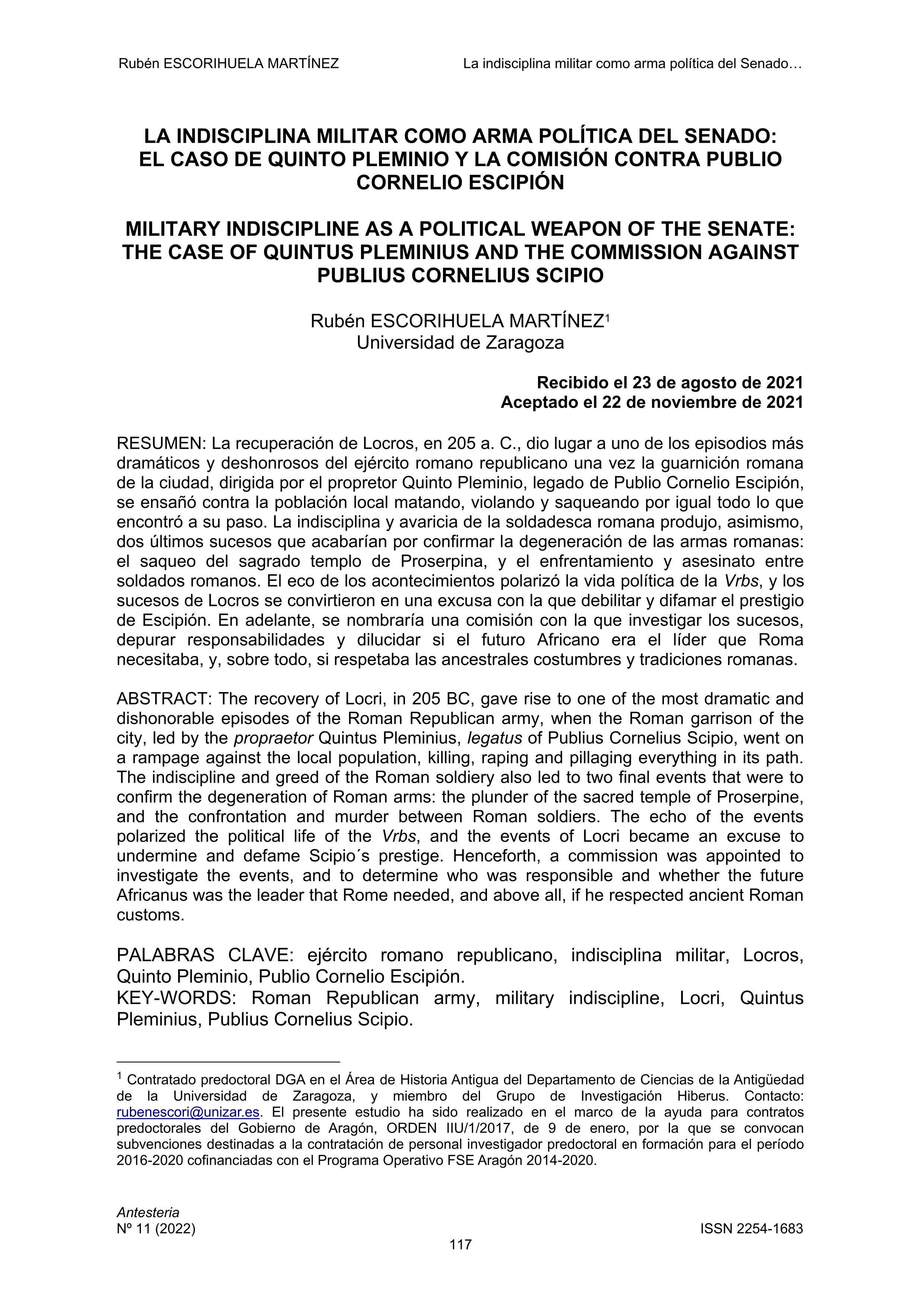 La indisciplina militar como arma política del Senado: el caso de Quinto Pleminio y la comisión contra Publio Cornelio Escipión