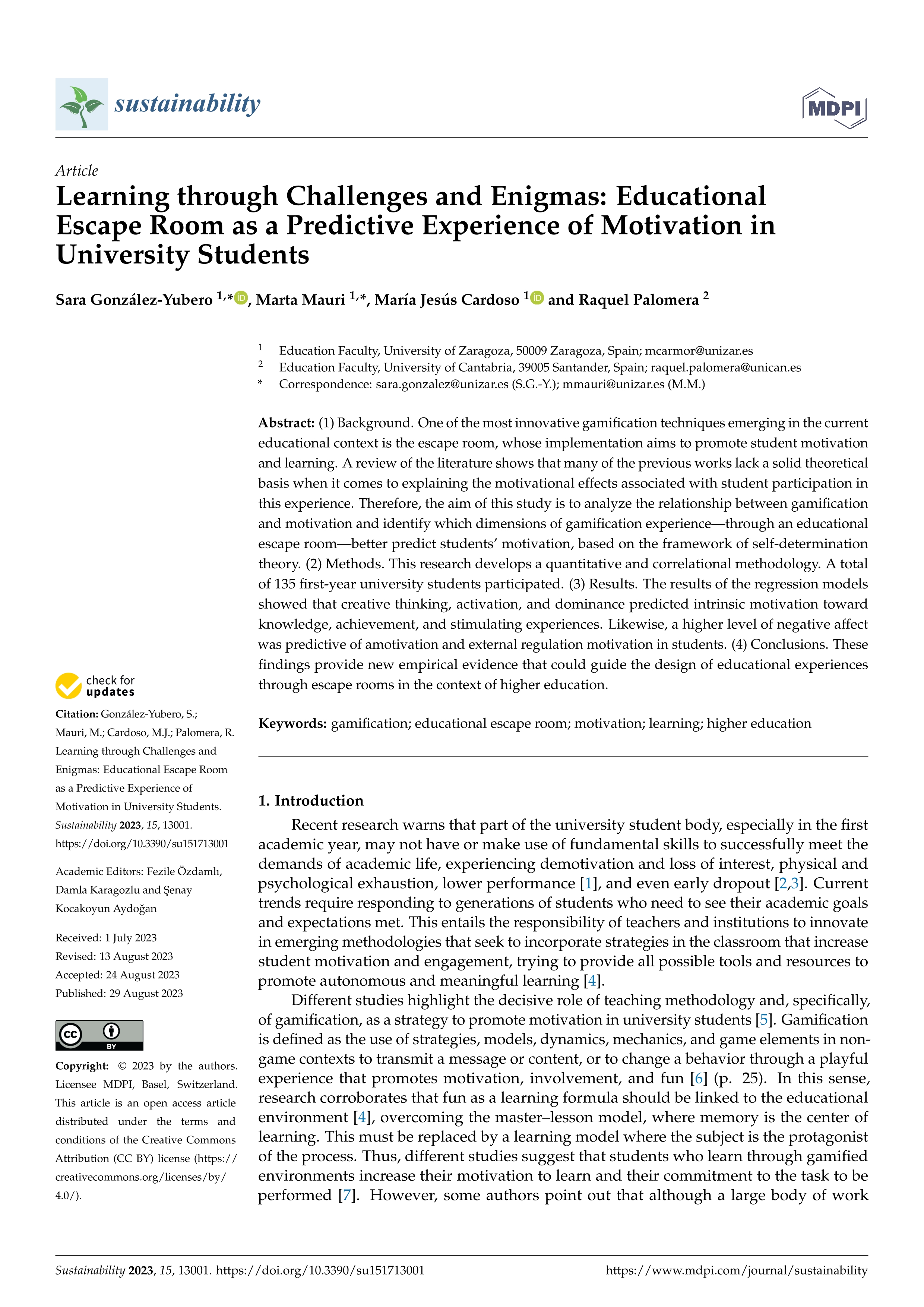 Learning through challenges and enigmas: educational escape room as a predictive experience of motivation in university students