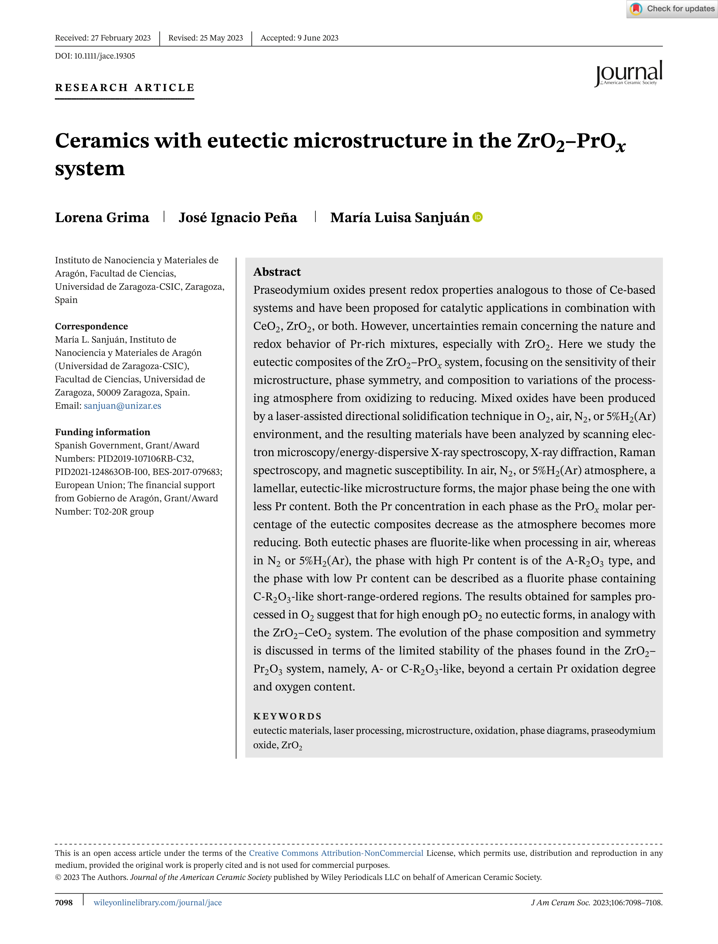 Ceramics with eutectic microstructure in the ZrO2–PrOx system