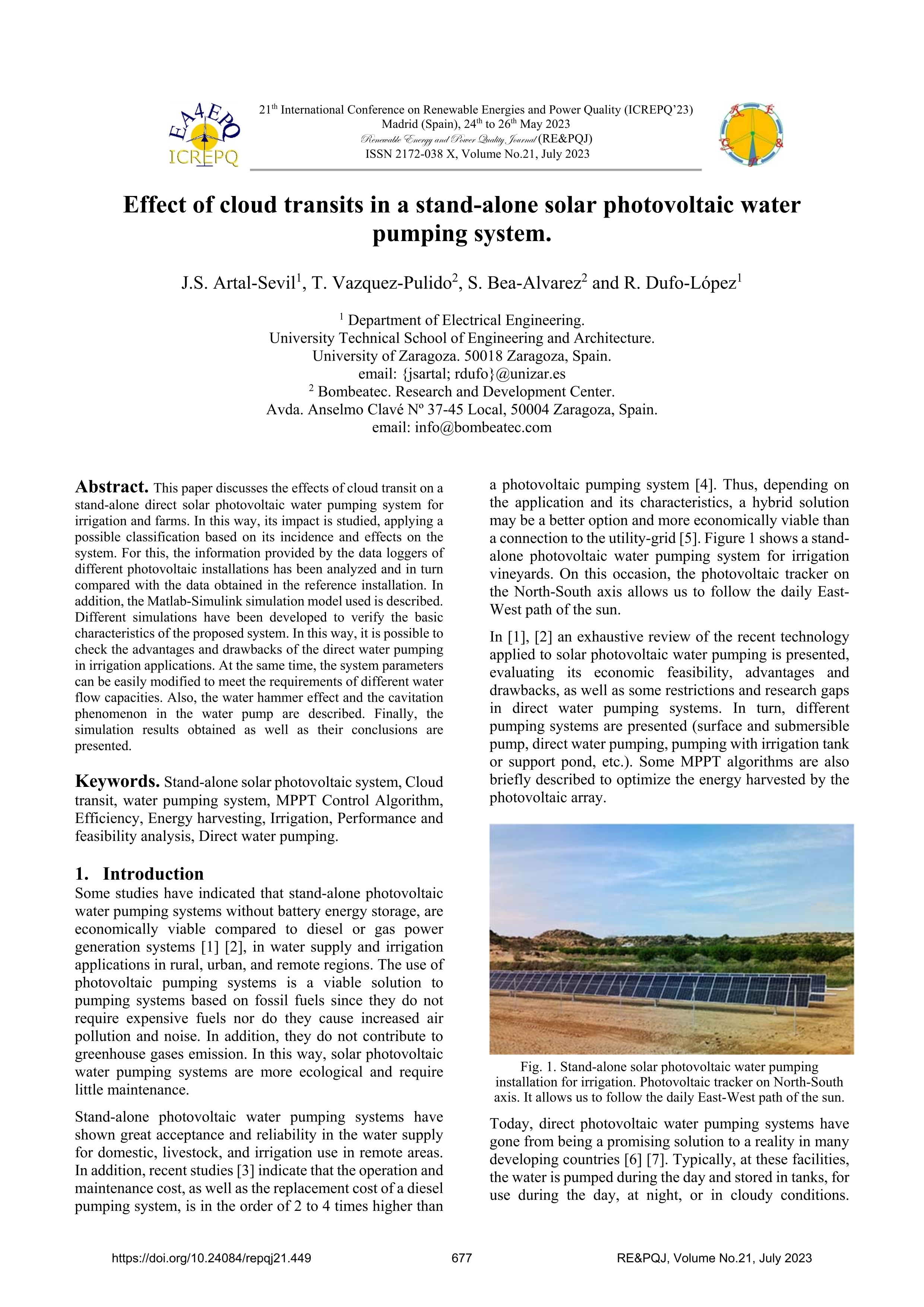 Effect of cloud transits in a stand-alone solar photovoltaic water pumping system