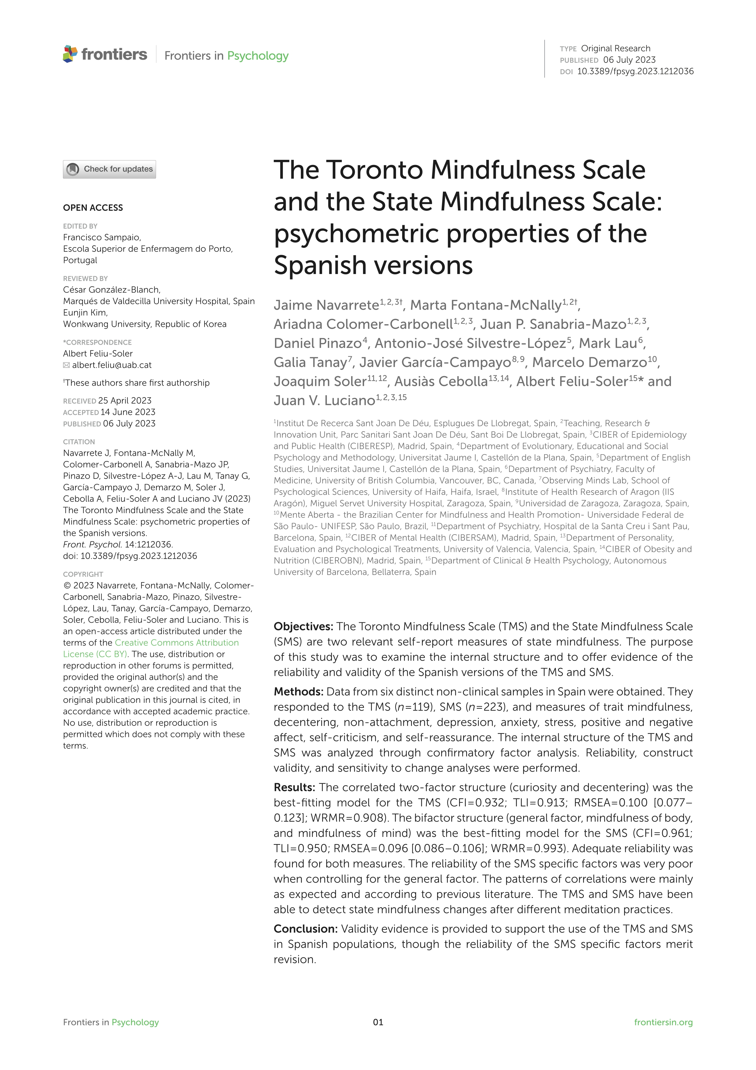 The Toronto mindfulness scale and the state mindfulness scale: psychometric properties of the spanish versions