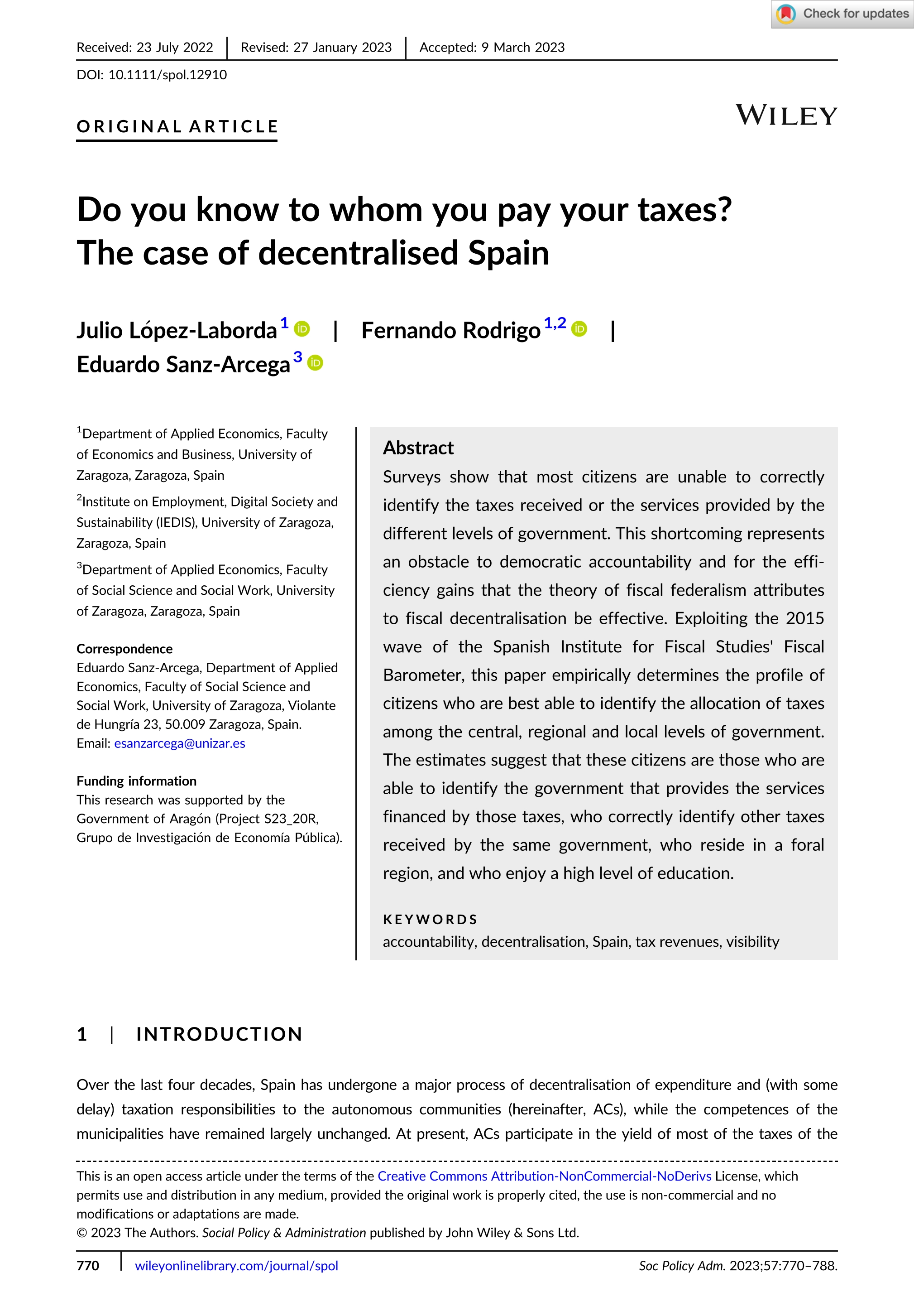 Do you know to whom you pay your taxes? The case of decentralised Spain